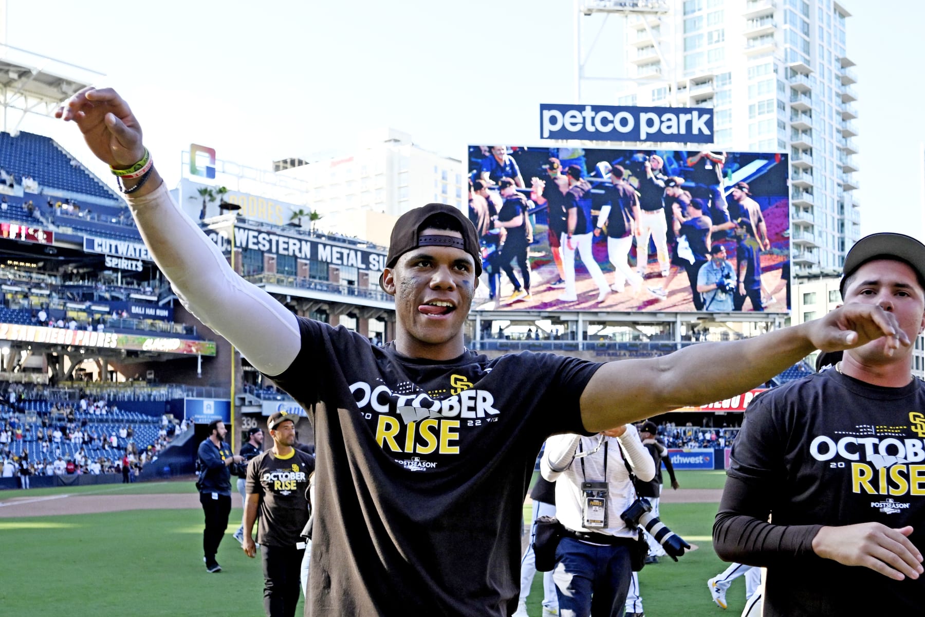SAN DIEGO, CA - OCTOBER 2: Juan Soto #22 of the San Diego Padres celebrates after the Padres played the Chicago White Sox in a baseball game October 2, 2022 at Petco Park in San Diego, California. The Padres clinched a playoff spot after the Milwaukee Brewers lost to the Miami Marlins. (Photo by Denis Poroy/Getty Images)