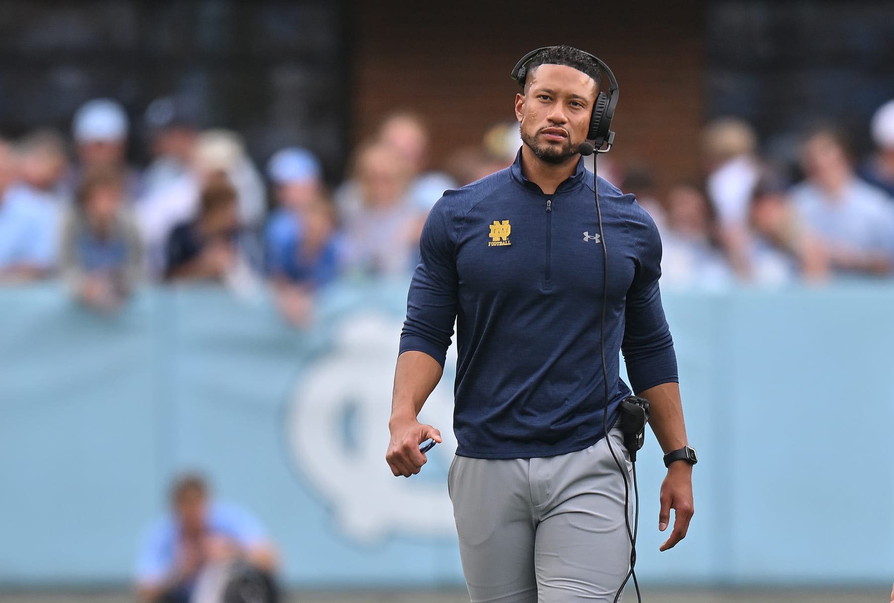 CHAPEL HILL, NORTH CAROLINA - SEPTEMBER 24: Head coach Marcus Freeman of the Notre Dame Fighting Irish directs his team against the North Carolina Tar Heels during their game at Kenan Memorial Stadium on September 24, 2022 in Chapel Hill, North Carolina. Notre Dame won 45-32. (Photo by Grant Halverson/Getty Images)
