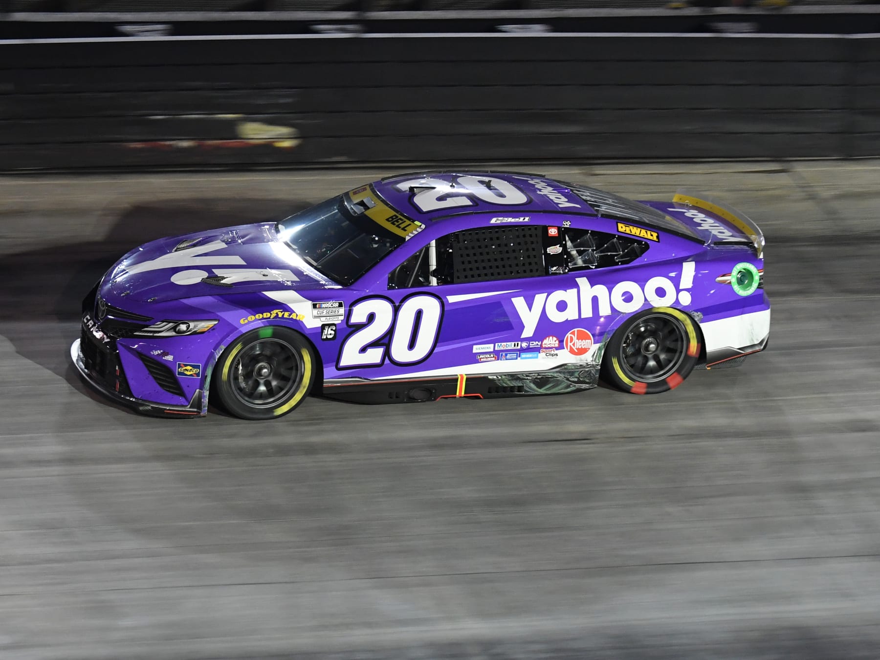 BRISTOL, TN - SEPTEMBER 17: Christopher Bell (#20 Joe Gibbs Racing Yahoo! Toyota) races through Turn 4 during the NASCAR Cup Series Playoff Bass Pro Shops Night Race on September 17, 2022, at Bristol Motor Speedway in Bristol, TN. (Photo by Jeffrey Vest/Icon Sportswire via Getty Images)