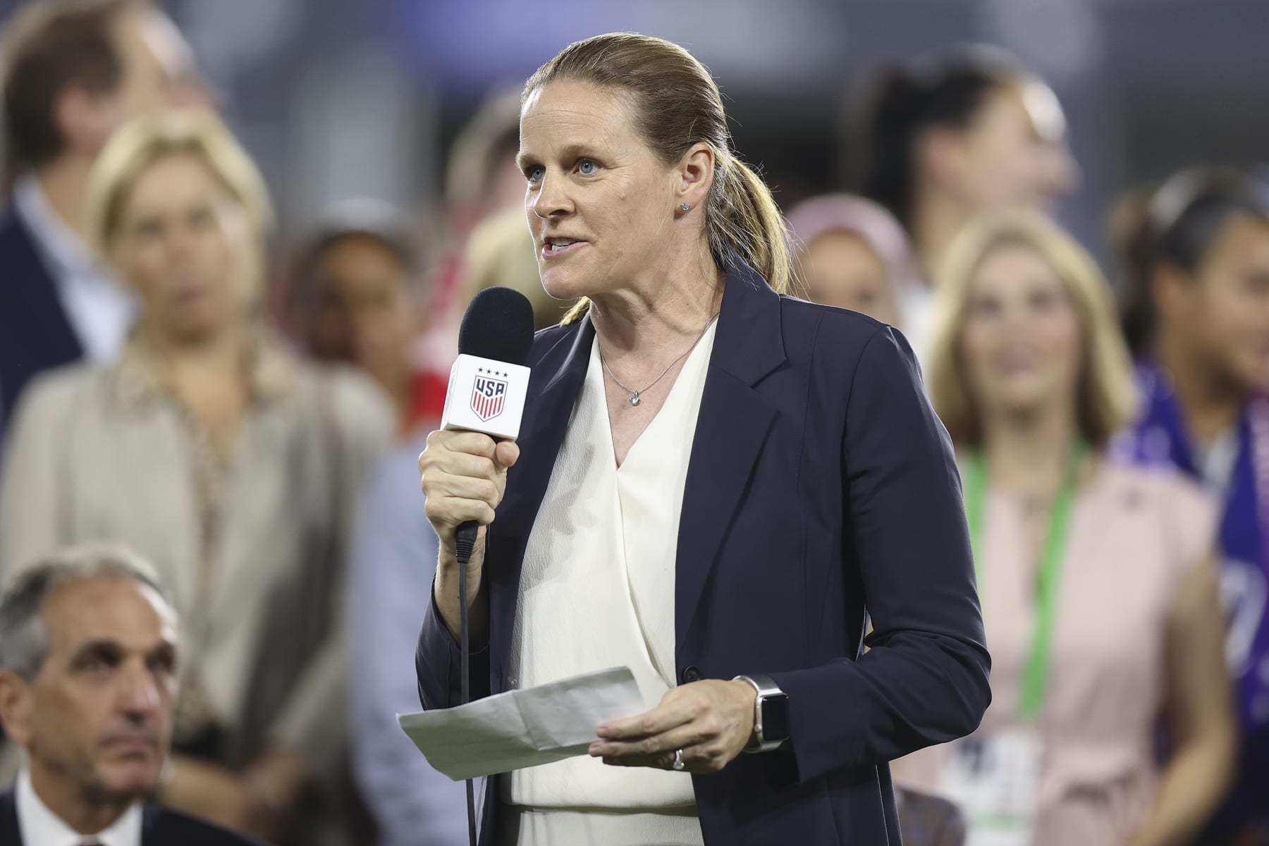 WASHINGTON, DC - SEPTEMBER 06: U.S. soccer president Cindy Parlow Cone speaks during a collective bargaining agreement signing signifying equal pay between the U.S. men's and women's national soccer teams at Audi Field on September 06, 2022 in Washington, DC. (Photo by Tim Nwachukwu/Getty Images)