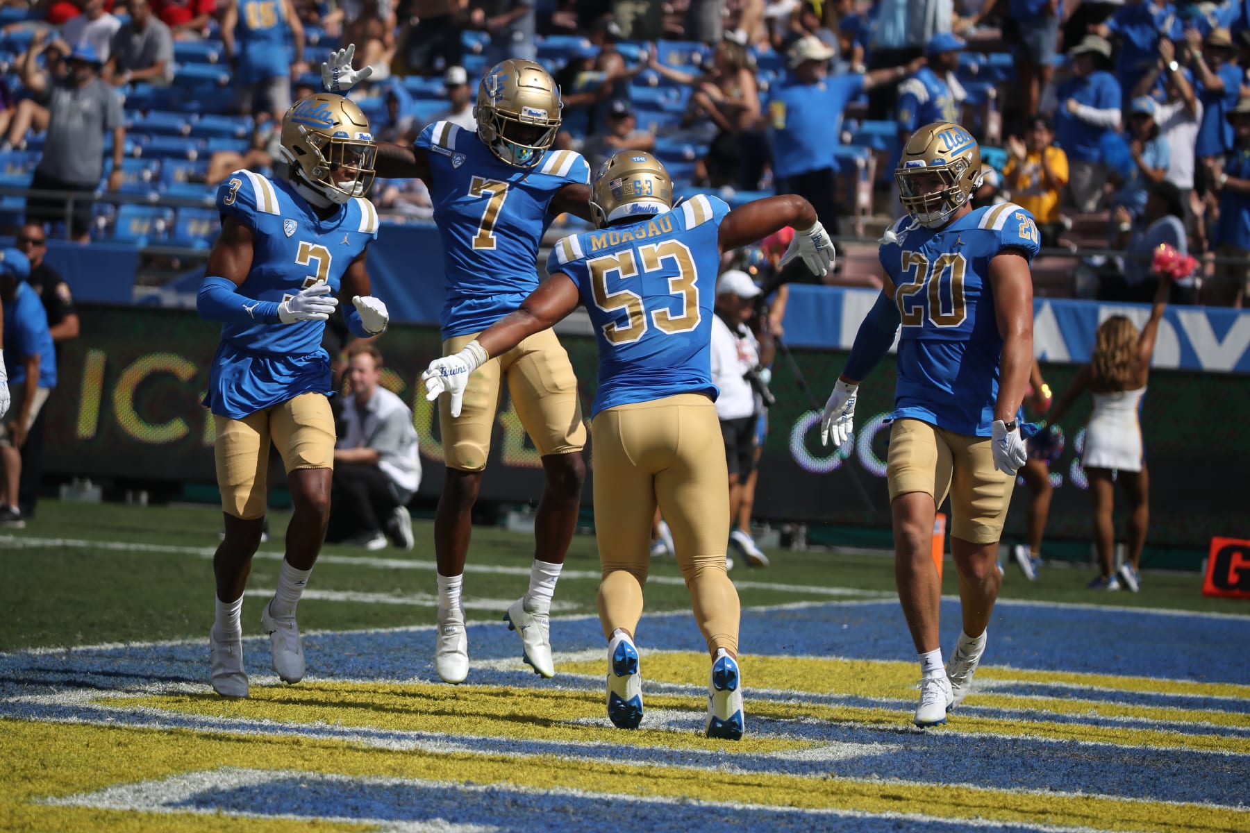 PASADENA, CA - OCTOBER 08: UCLA Bruins linebacker Darius Muasau (53) celebrates and interception during the Utah Utes game versus the UCLA Bruins game on October 8, 2022, at the Rose Bowl in Pasadena, CA. (Photo by Jevone Moore/Icon Sportswire via Getty Images)