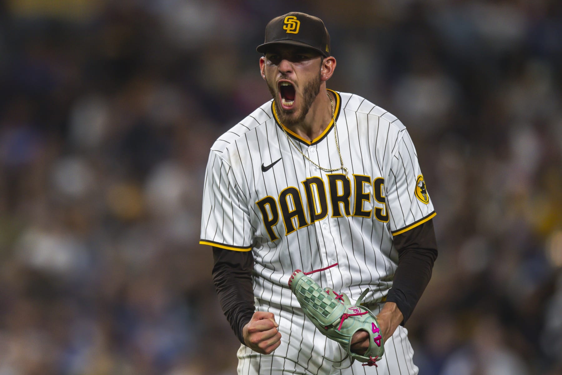 SAN DIEGO, CA - SEPTEMBER 28: Joe Musgrove #44 of the San Diego Padres celebrates after a strikeout at the end the fifth inning against the Los Angeles Dodgers at PETCO Park on September 28, 2022 in San Diego, California. (Photo by Matt Thomas/San Diego Padres/Getty Images)