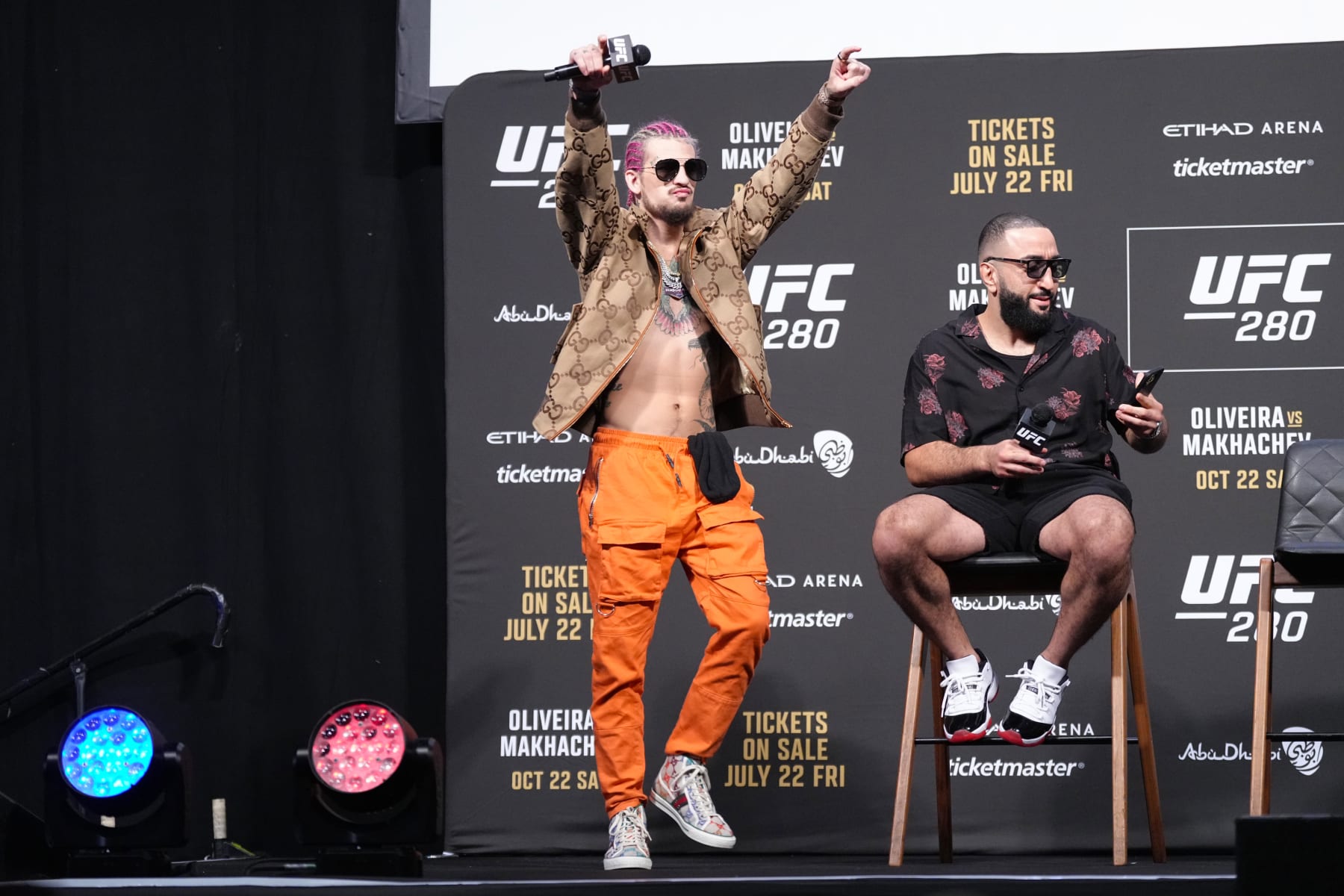 LONDON, ENGLAND - JULY 22: Sean O'Malley walks on stage during the UFC 280 Press Conference at O2 Arena on July 22, 2022 in London, England. (Photo by Jeff Bottari/Zuffa LLC)