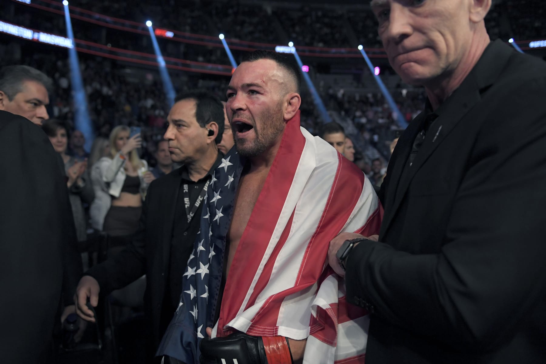 LAS VEGAS, NEVADA - MARCH 05: Colby Covington exits the Octagon after his welterweight fight against Jorge Masvidal during UFC 272 at T-Mobile Arena on March 05, 2022 in Las Vegas, Nevada. (Photo by David Becker/Getty Images)