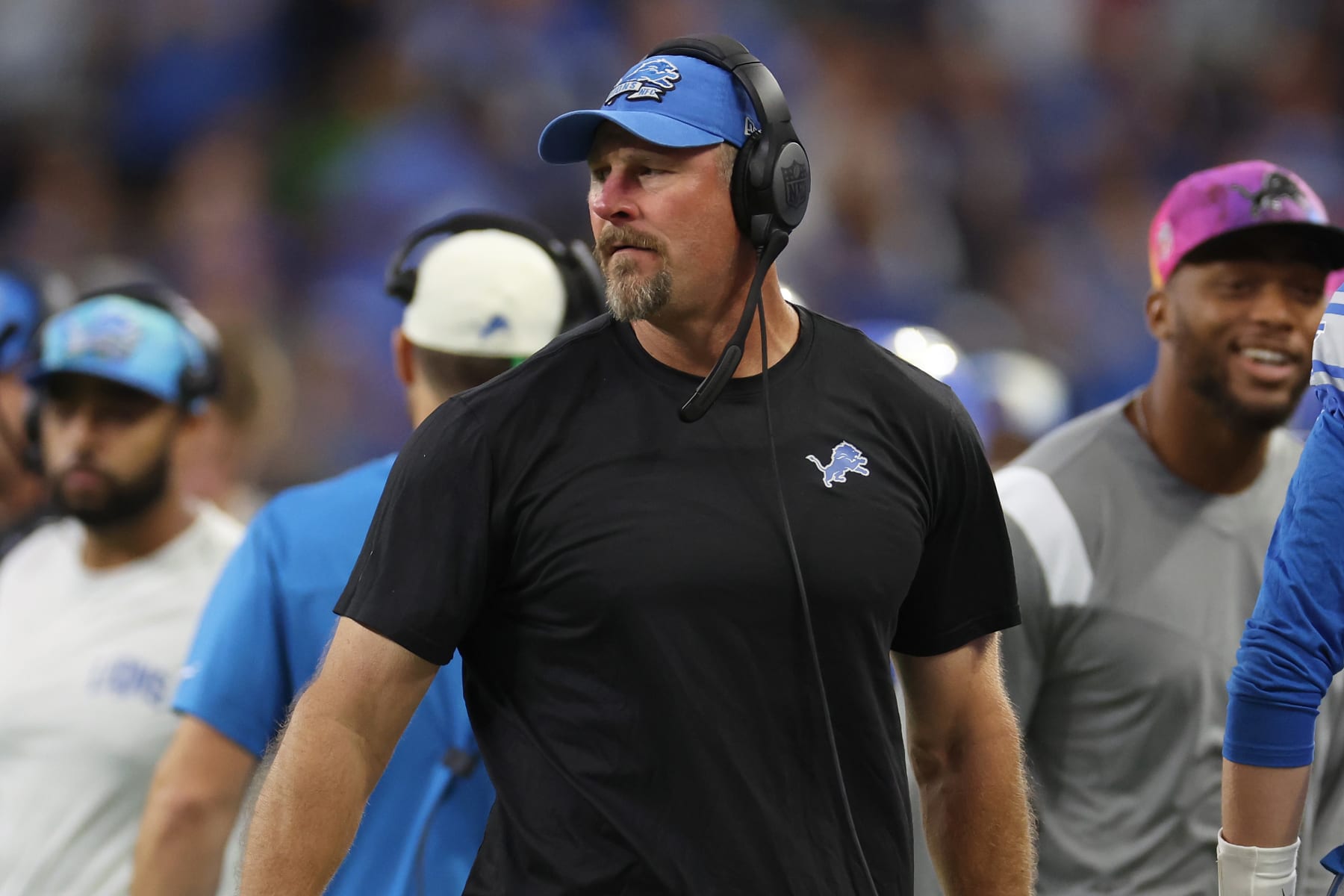 DETROIT, MICHIGAN - OCTOBER 02: Head coach Dan Campbell of the Detroit Lions looks on during the first half of the game against the Seattle Seahawks at Ford Field on October 02, 2022 in Detroit, Michigan. (Photo by Gregory Shamus/Getty Images) DETROIT, MICHIGAN - OCTOBER 02: Head coach Dan Campbell of the Detroit Lions looks on during the first half of the game against the Seattle Seahawks at Ford Field on October 02, 2022 in Detroit, Michigan. (Photo by Gregory Shamus/Getty Images)