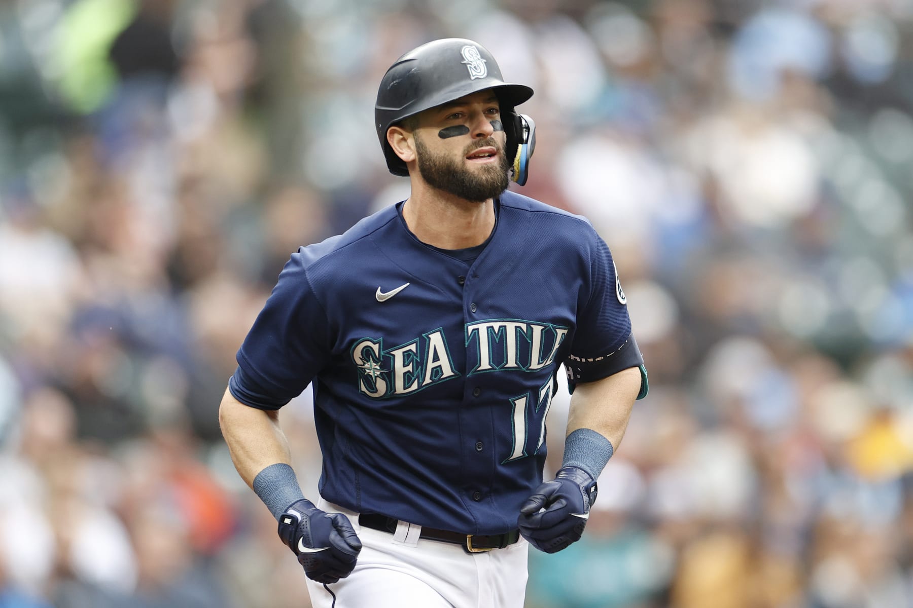 SEATTLE, WASHINGTON - OCTOBER 05: Mitch Haniger #17 of the Seattle Mariners looks on during the third inning against the Detroit Tigers at T-Mobile Park on October 05, 2022 in Seattle, Washington. (Photo by Steph Chambers/Getty Images)