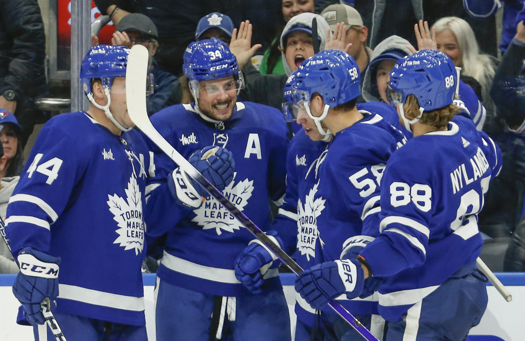 - NO PHOTO CREDIT -
- NO PHOTO CREDIT -
TORONTO, ON - OCTOBER 8: Toronto Maple Leafs center Auston Matthews (34) gets his 1st preseason goal as line mates Toronto Maple Leafs defenseman Morgan Rielly (44), Toronto Maple Leafs right wing Mitchell Marner (16), Toronto Maple Leafs left wing Michael Bunting (58) and Toronto Maple Leafs right wing William Nylander (88) come to celebrate. Toronto Maple Leafs vs Detroit Red Wings during 3rd period play NHL pre season action at Scotiabank Arena in Toronto. Leafs won 5-1. Toronto Star/Rick Madonik (Rick Madonik/Toronto Star via Getty Images)