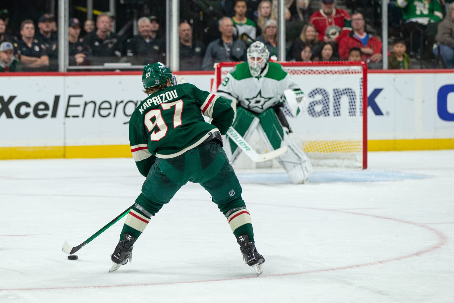 SAINT PAUL, MN - OCTOBER 08: Minnesota Wild Left Wing Kirill Kaprizov (97) looks to pass during the NHL game between the Dallas Stars and Minnesota Wild, on October 8th, 2022, at Xcel Energy Center in Saint Paul, MN. (Photo by Bailey Hillesheim/Icon Sportswire via Getty Images)