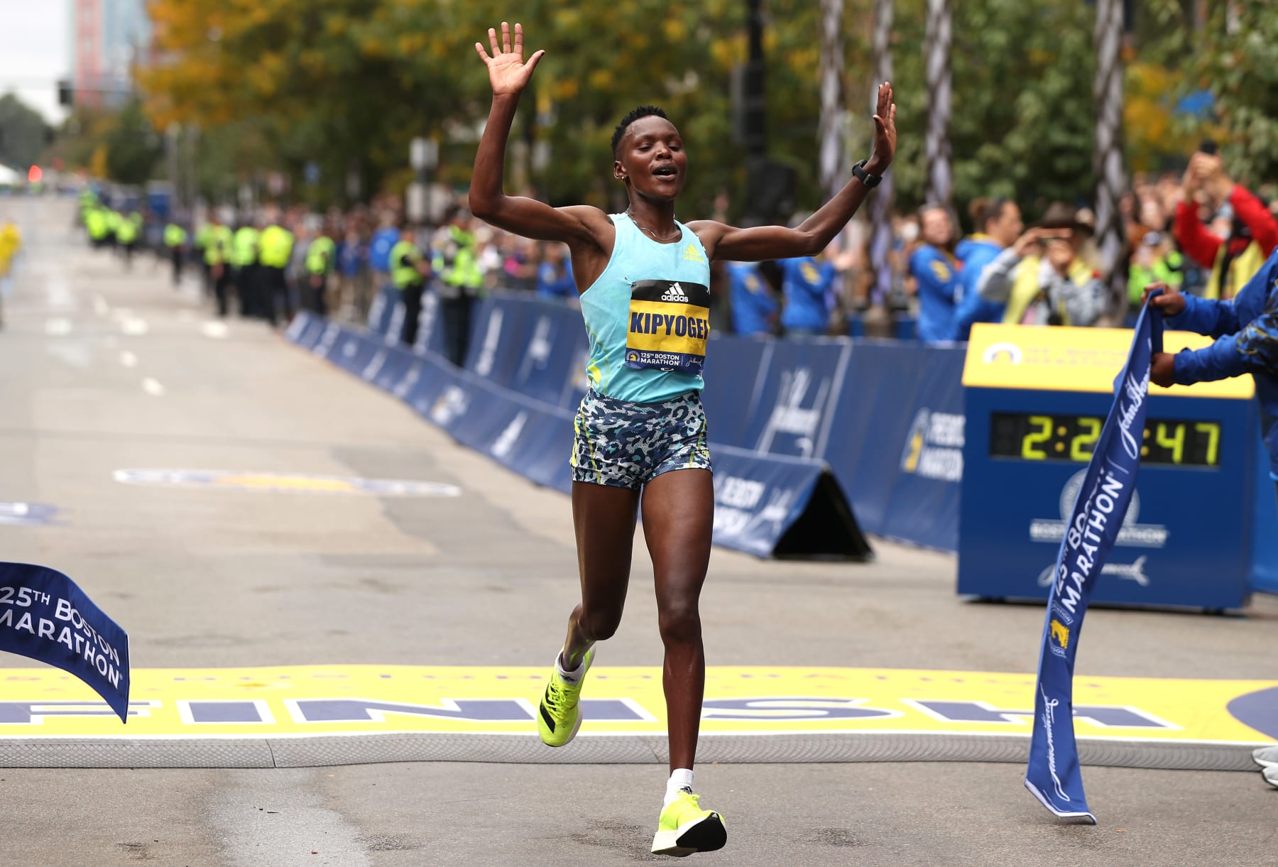 BOSTON, MASSACHUSETTS - OCTOBER 11: Diana Kipyogei of Kenya crosses the finish line to win the 125th Boston Marathon on October 11, 2021 in Boston, Massachusetts. (Photo by Maddie Meyer/Getty Images)