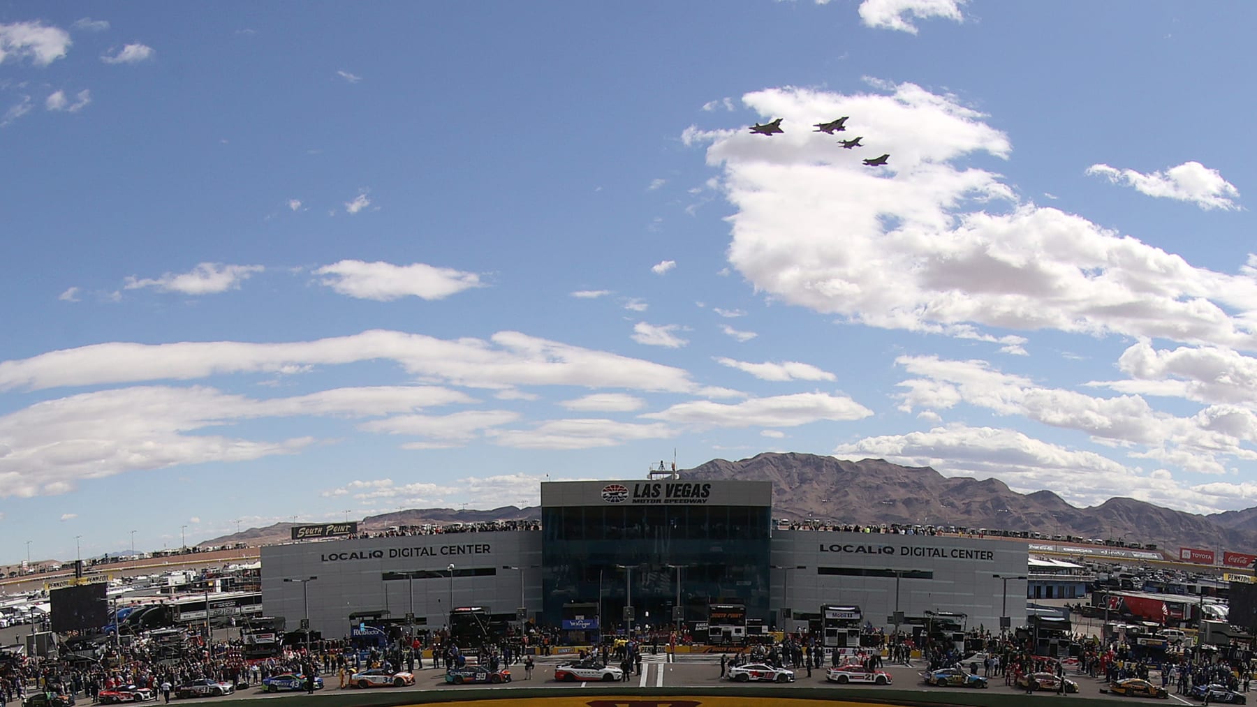 LAS VEGAS, NEVADA - MARCH 06: A general view of the flyover during pre-race ceremonies prior to the NASCAR Cup Series Pennzoil 400 at Las Vegas Motor Speedway on March 06, 2022 in Las Vegas, Nevada. (Photo by Dylan Buell/Getty Images)