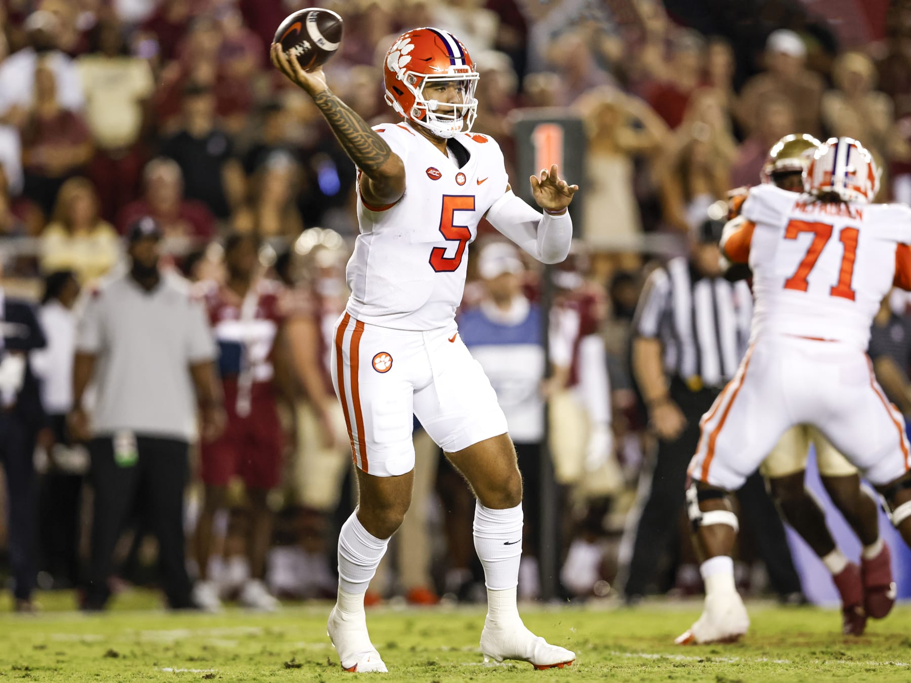 TALLAHASSEE, FL - OCTOBER 15: Quarterback DJ Uiagalelei #5 of the Clemson Tigers on a pass play during the game against the Florida State Seminoles at Doak Campbell Stadium on Bobby Bowden Field on October 15, 2022 in Tallahassee, Florida. The Tigers defeated the Seminoles 34 to 28. (Photo by Don Juan Moore/Getty Images)