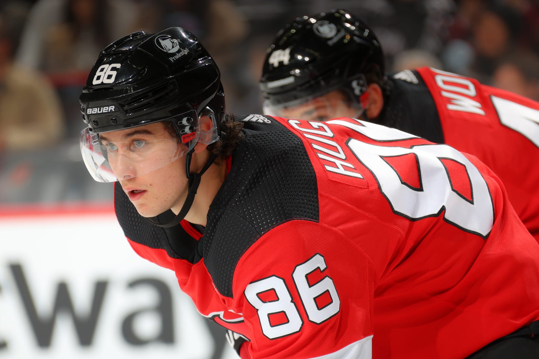 NEWARK, NJ - OCTOBER 03: New Jersey Devils center Jack Hughes (86) against the Boston Bruins on October 3, 2022 at the Prudential Center in Newark, New Jersey. (Photo by Rich Graessle/Getty Images)