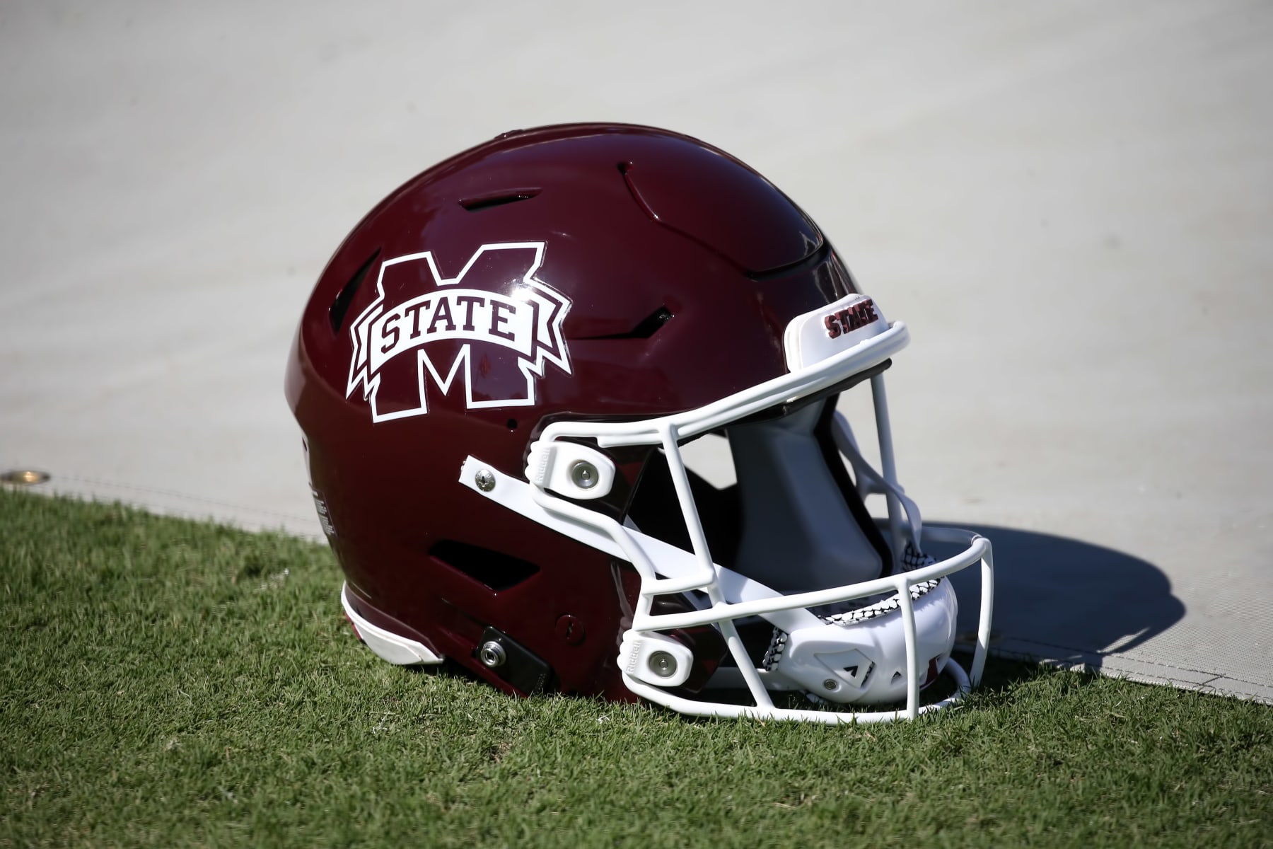 STARKVILLE, MS - OCTOBER 08:  A general view of a Mississippi State Bulldogs helmet during the game between the Mississippi State Bulldogs and the Arkansas Razorbacks on October 8, 2020 at Wade Davis Stadium in Starkville, Mississippi. (Photo by Michael Wade/Icon Sportswire via Getty Images)
