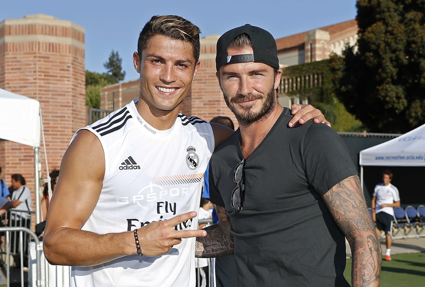 LOS ANGELES, CA - JULY 29: Cristiano Ronaldo (L) of Real Madrid and former player David Beckham pose after a training session at UCLA Campus on July 29, 2013 in Los Angeles, California. (Photo by Angel Martinez/Real Madrid via Getty Images)