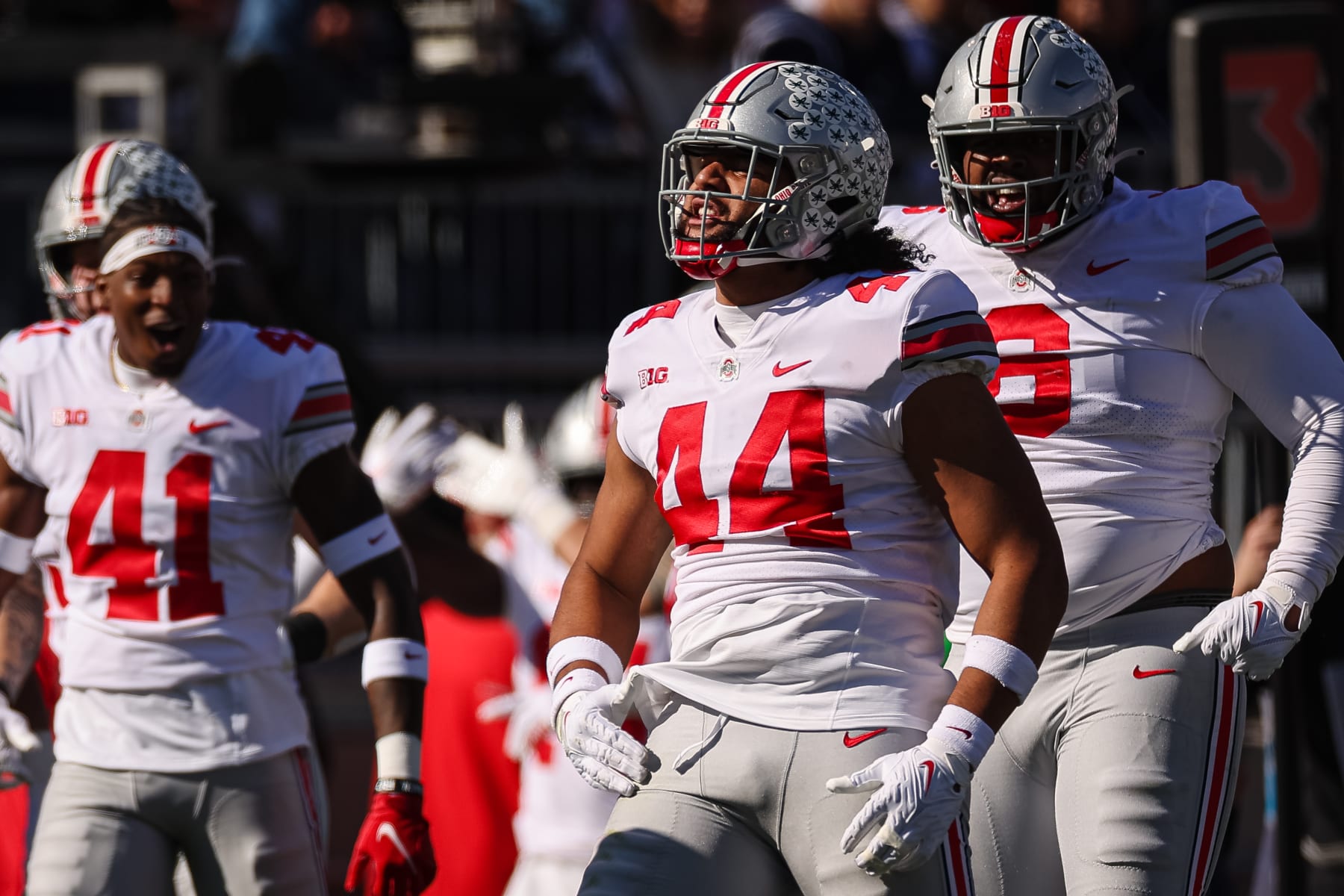 STATE COLLEGE, PA - OCTOBER 29: J.T. Tuimoloau #44 of the Ohio State Buckeyes celebrates after intercepting a pass against the Penn State Nittany Lions during the first half at Beaver Stadium on October 29, 2022 in State College, Pennsylvania. (Photo by Scott Taetsch/Getty Images)