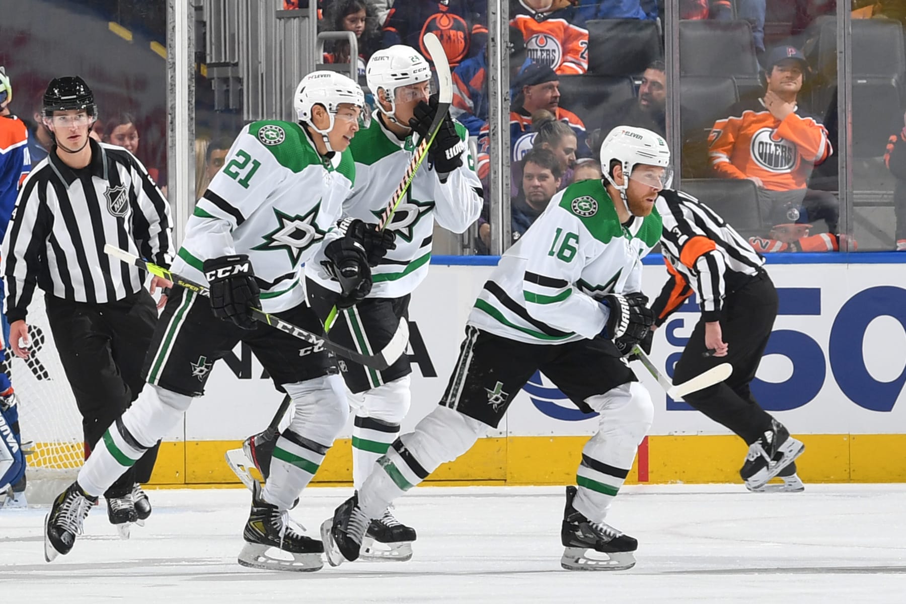 EDMONTON, CANADA - NOVEMBER 05: Joe Pavelski #16 of the Dallas Stars celebrates his second period against the Edmonton Oilers with Jason Robertson #21 and Roope Hintz #24 during the game on November 05, 2022 at Rogers Place in Edmonton, Alberta, Canada. (Photo by Andy Devlin/NHLI via Getty Images)