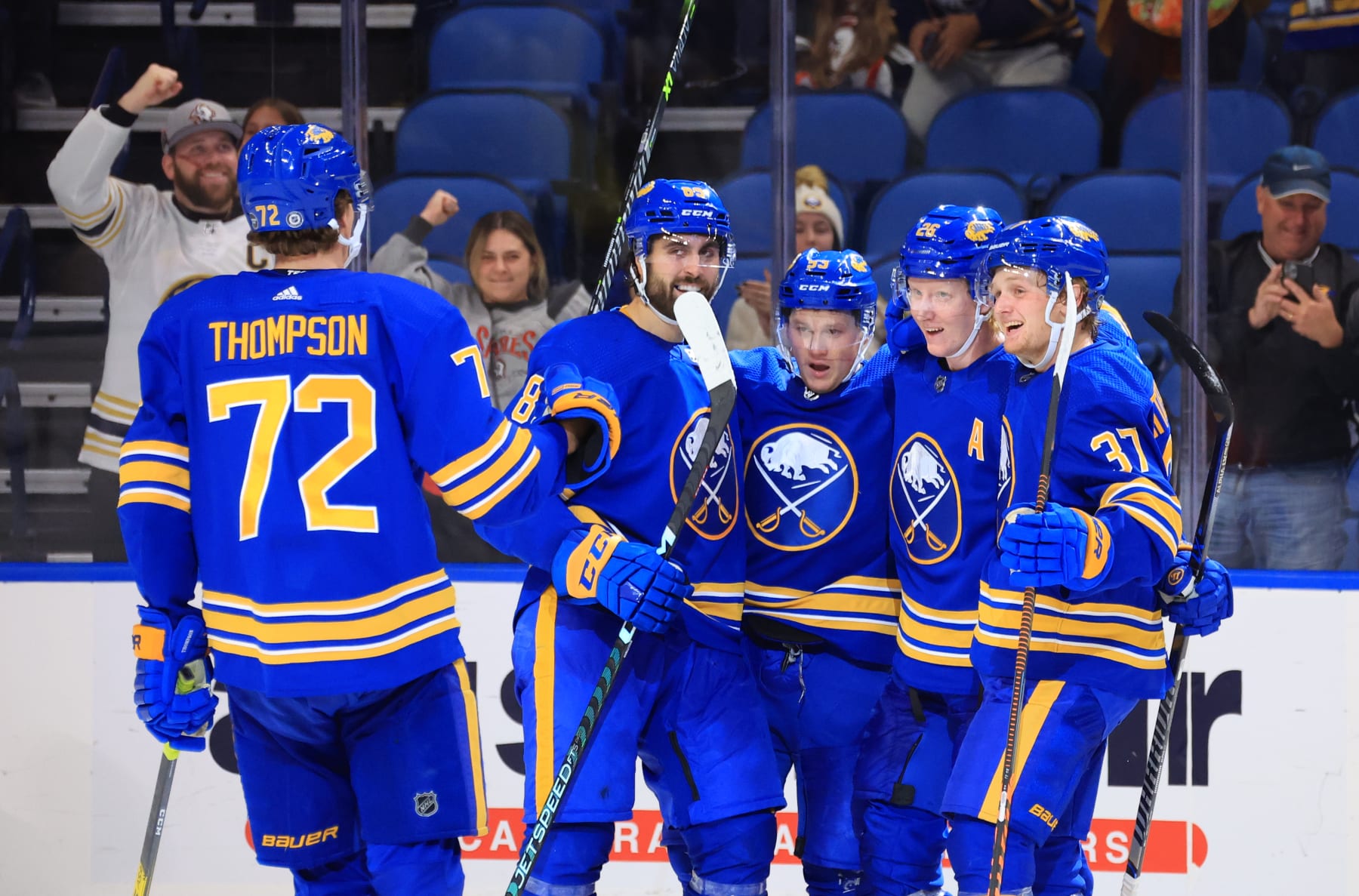 BUFFALO, NY - OCTOBER 31: Rasmus Dahlin #26 of the Buffalo Sabres celebrates his third period goal with Alex Tuch #89, Jeff Skinner #53, Casey Mittelstadt #37 and Tage Thompson #72 during an NHL game on October 31, 2022 at KeyBank Center in Buffalo, New York. (Photo by Bill Wippert/NHLI via Getty Images)