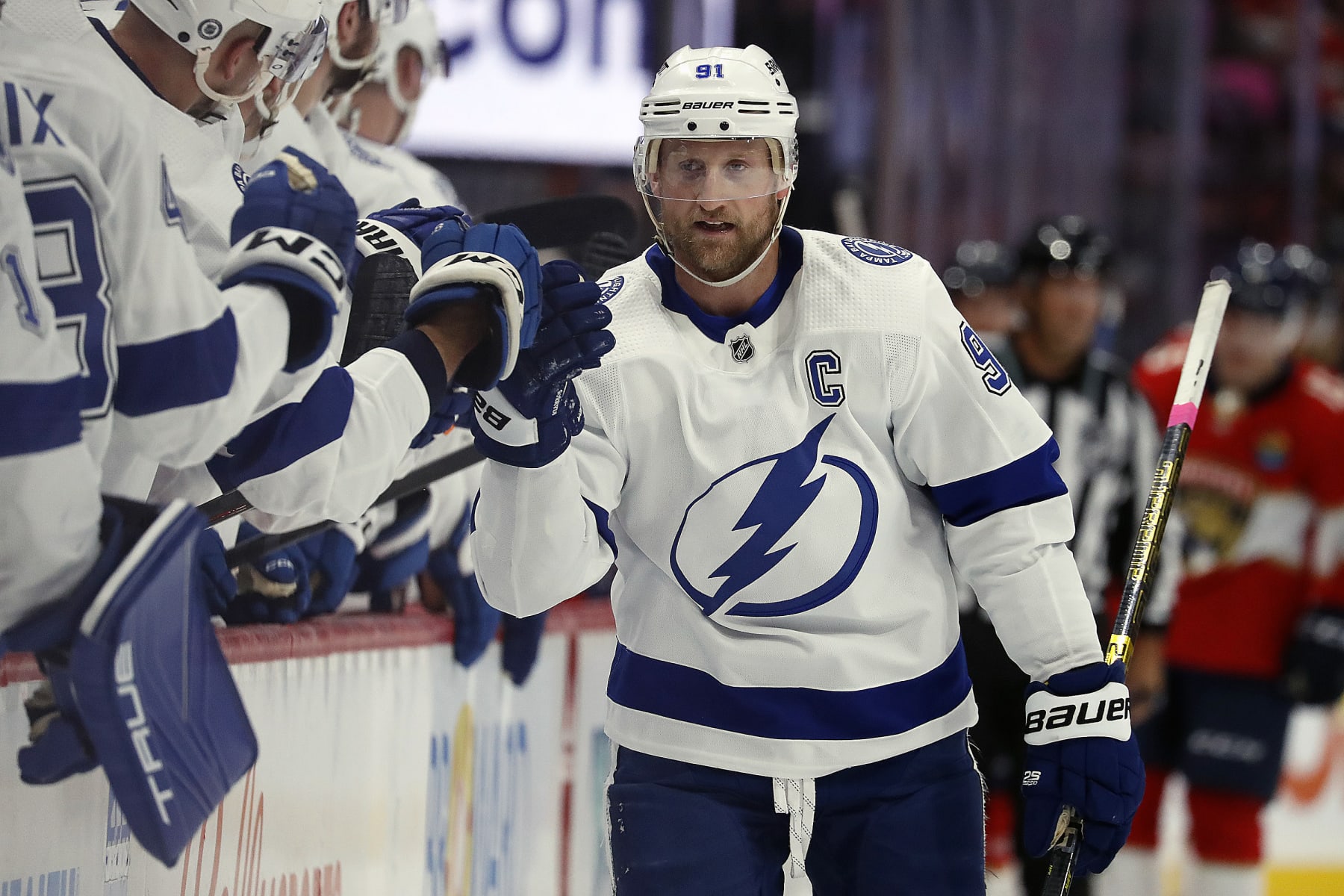 SUNRISE, FLORIDA - OCTOBER 21: Steven Stamkos #91 of the Tampa Bay Lightning celebrates his goal with teammates during the first period against the Florida Panthers at the FLA Live Arena on October 21, 2022 in Sunrise, Florida. (Photo by Eliot J. Schechter/NHLI via Getty Images)