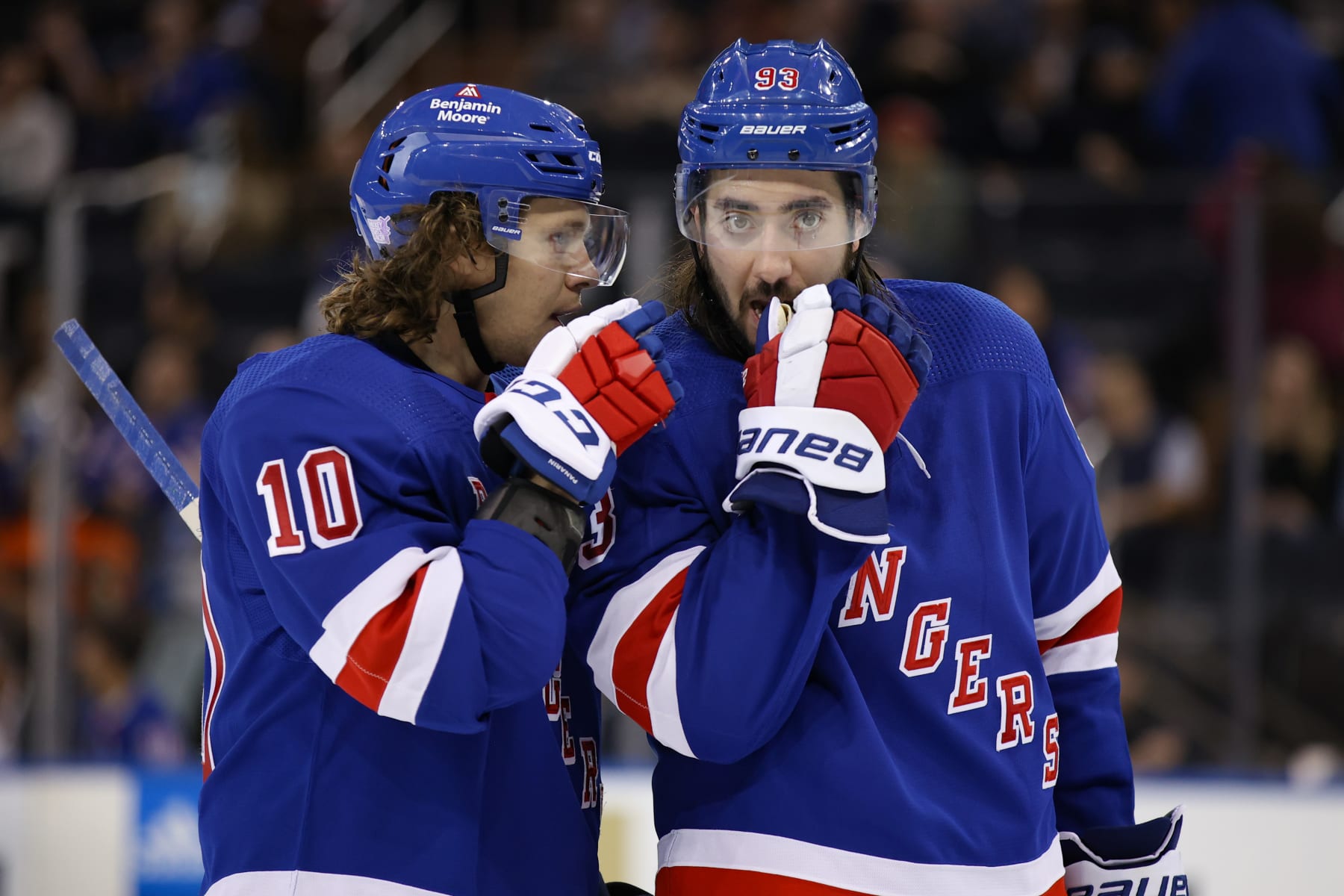 NEW YORK, NY - NOVEMBER 01: New York Rangers Left Wing Artemi Panarin (10) and New York Rangers Center Mika Zibanejad (93) are pictured during the National Hockey League game between the Philadelphia Flyers and the New York Rangers on November 1, 2022 at Madison Square Garden in New York, NY. (Photo by Joshua Sarner/Icon Sportswire via Getty Images)