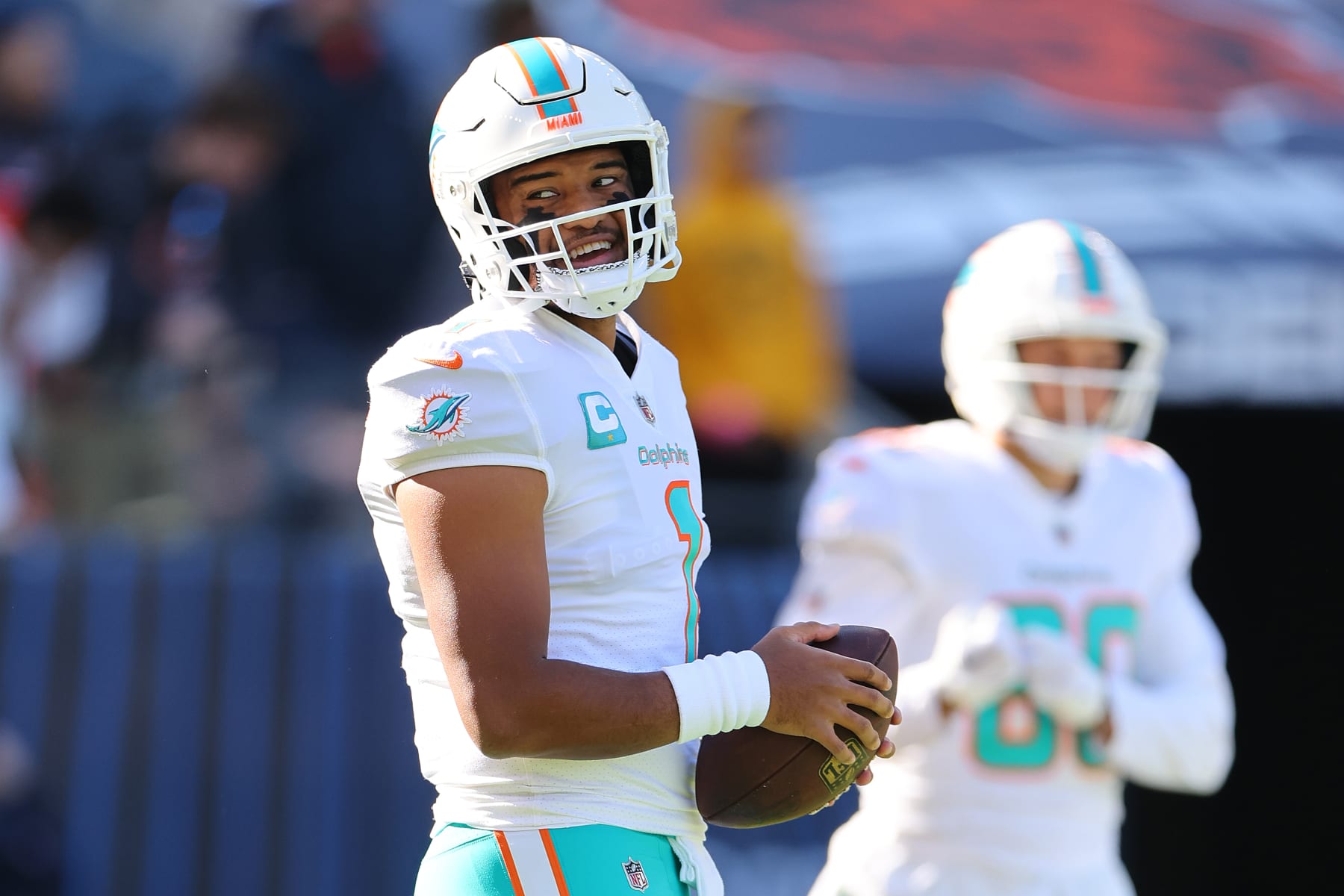 CHICAGO, ILLINOIS - NOVEMBER 06: Tua Tagovailoa #1 of the Miami Dolphins looks on prior to the game against the Chicago Bears at Soldier Field on November 06, 2022 in Chicago, Illinois. (Photo by Michael Reaves/Getty Images)