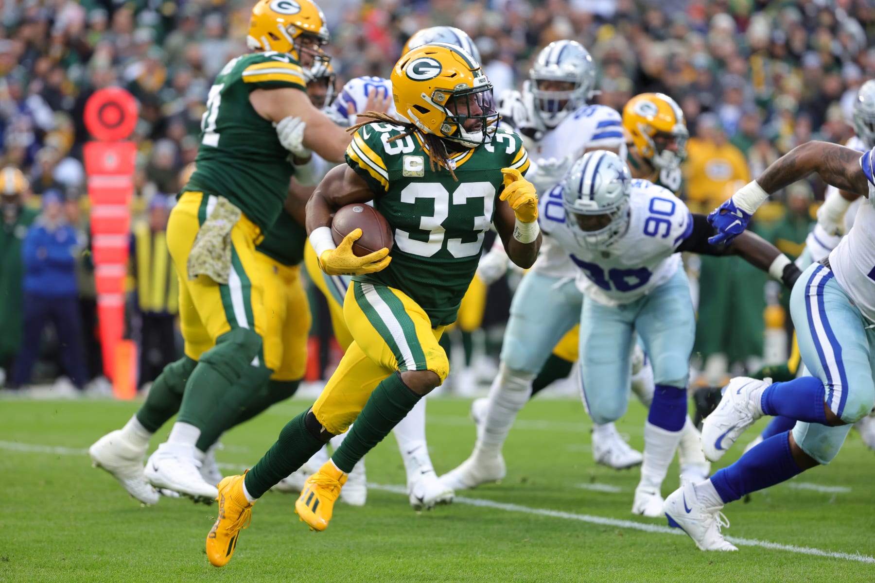 November 13, 2022: Green Bay Packers wide receiver Christian Watson (9)  cheering the fans on during the NFL football game between the Dallas  Cowboys and the Green Bay Packers in Green Bay