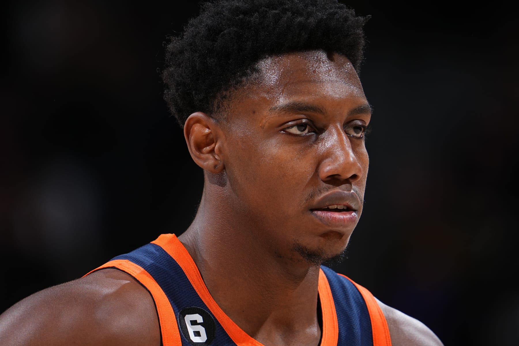 DENVER, CO - NOVEMBER 16: RJ Barrett #9 of the New York Knicks looks on during the game against the Denver Nuggets on November 16, 2022 at the Ball Arena in Denver, Colorado. NOTE TO USER: User expressly acknowledges and agrees that, by downloading and/or using this Photograph, user is consenting to the terms and conditions of the Getty Images License Agreement. Mandatory Copyright Notice: Copyright 2022 NBAE (Photo by Bart Young/NBAE via Getty Images)