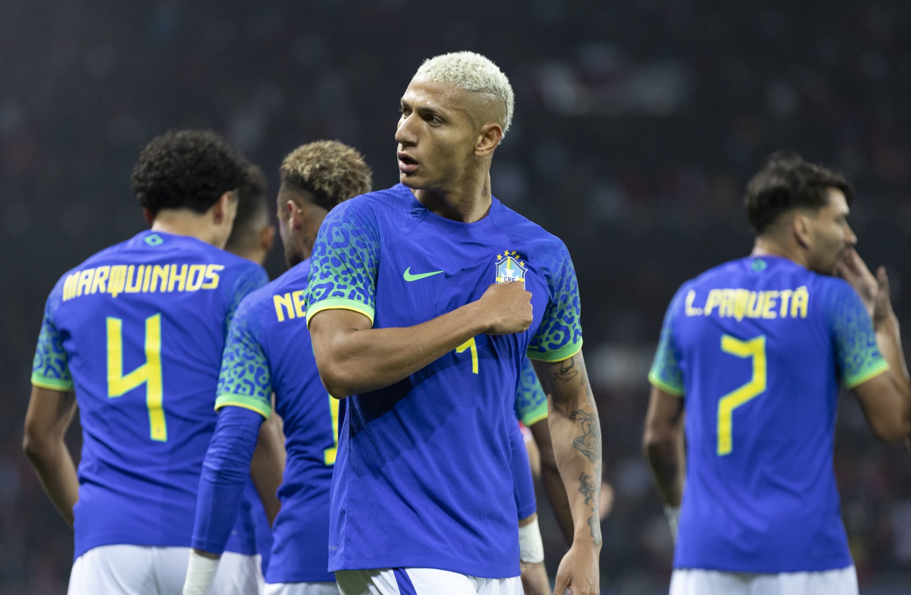 PARIS, FRANCE - SEPTEMBER 27: Richarlison de Andrade of Brazil celebrates his goal during the international friendly match between Brazil and Tunisia at Parc des Princes on September 27, 2022 in Paris, France. (Photo by Tnani Badreddine/DeFodi Images via Getty Images)
