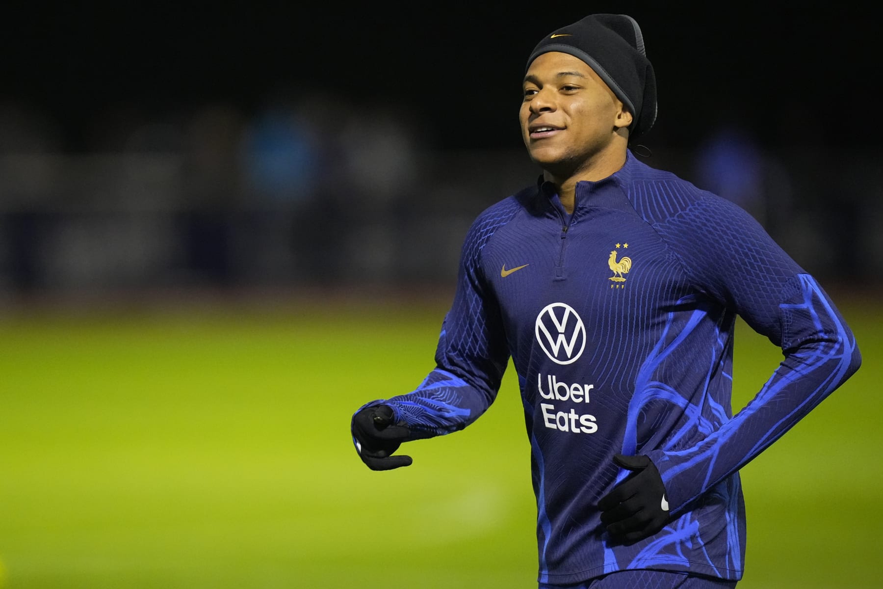 CLAIRE FONTAINE - NOVEMBER 15 : Kylian Mbappe is warming up during the 2nd training of the French Soccer National Team prior to the departure for the Soccer World Cup 2022, at the Centre National du Football, Clairefontaine in Yvelines, France. (Photo by Glenn Gervot/Icon Sportswire via Getty Images)