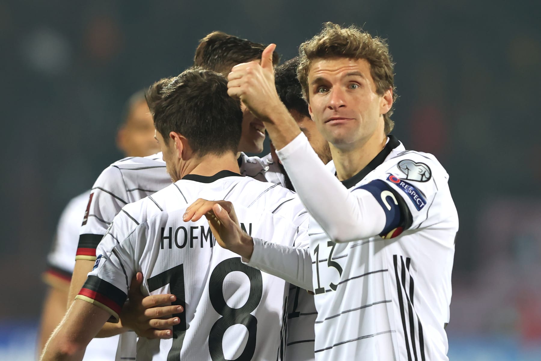 YEREVAN, ARMENIA - NOVEMBER 14: Thomas Mueller of Germany celebrates after their side's third goal, scored by Ilkay Guendogan during the 2022 FIFA World Cup Qualifier match between Armenia and Germany at Vazgen Sargsyan Republican Stadium on November 14, 2021 in Yerevan, . (Photo by Alexander Hassenstein/Getty Images)