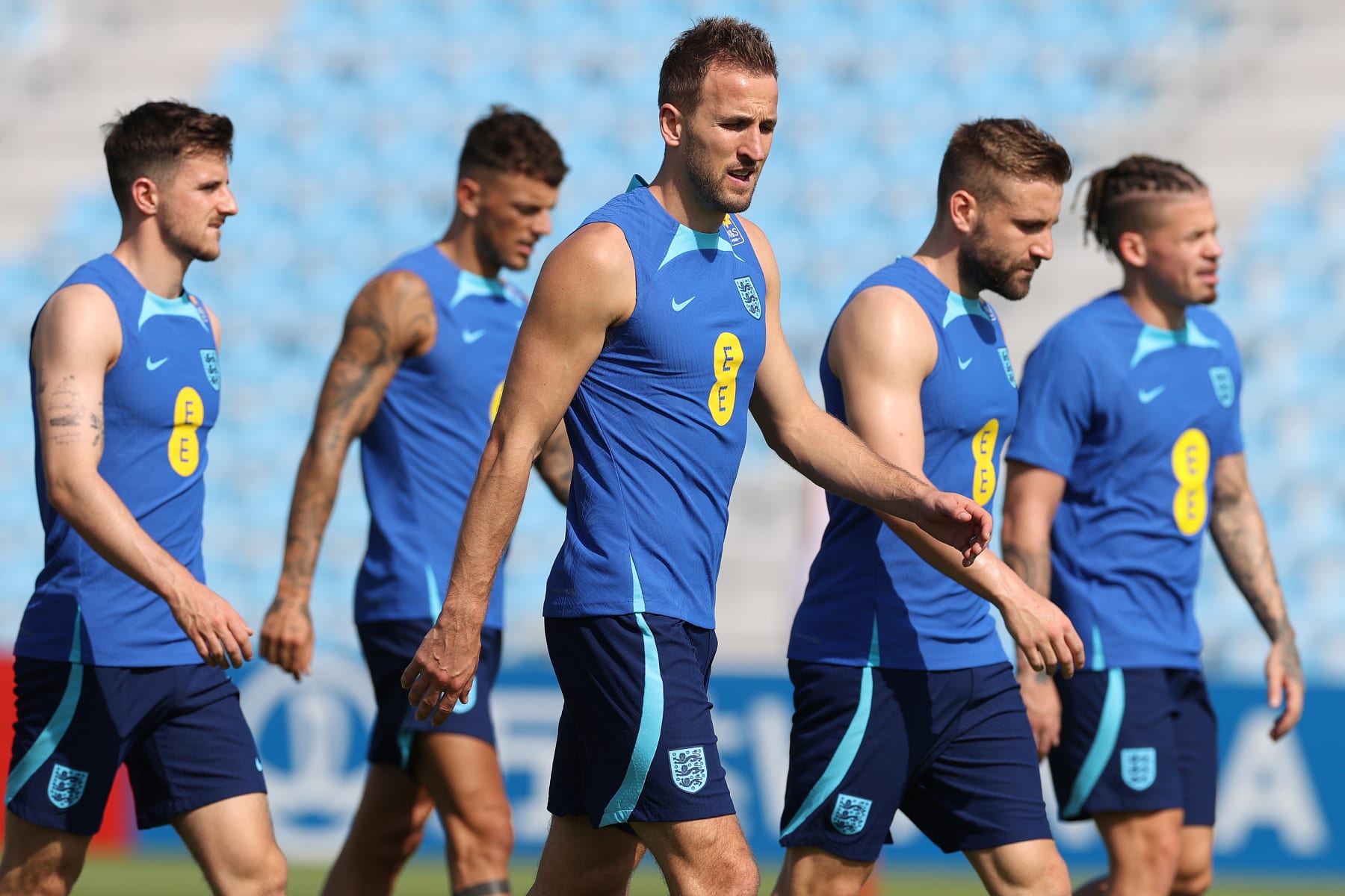 DOHA, QATAR - NOVEMBER 18: England captain Harry Kane during the England Training Session at Al Wakrah Stadium on November 18, 2022 in Doha, Qatar. (Photo by Michael Steele/Getty Images)