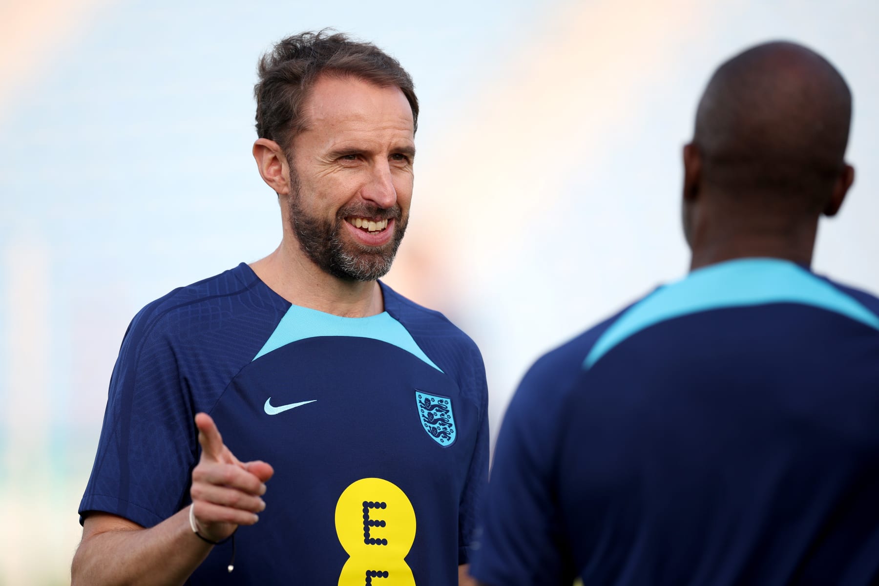DOHA, QATAR - NOVEMBER 19: Gareth Southgate, Manager of England reacts during a training session at Al Wakrah Stadium on November 19, 2022 in Doha, Qatar. (Photo by Eddie Keogh - The FA/The FA via Getty Images)