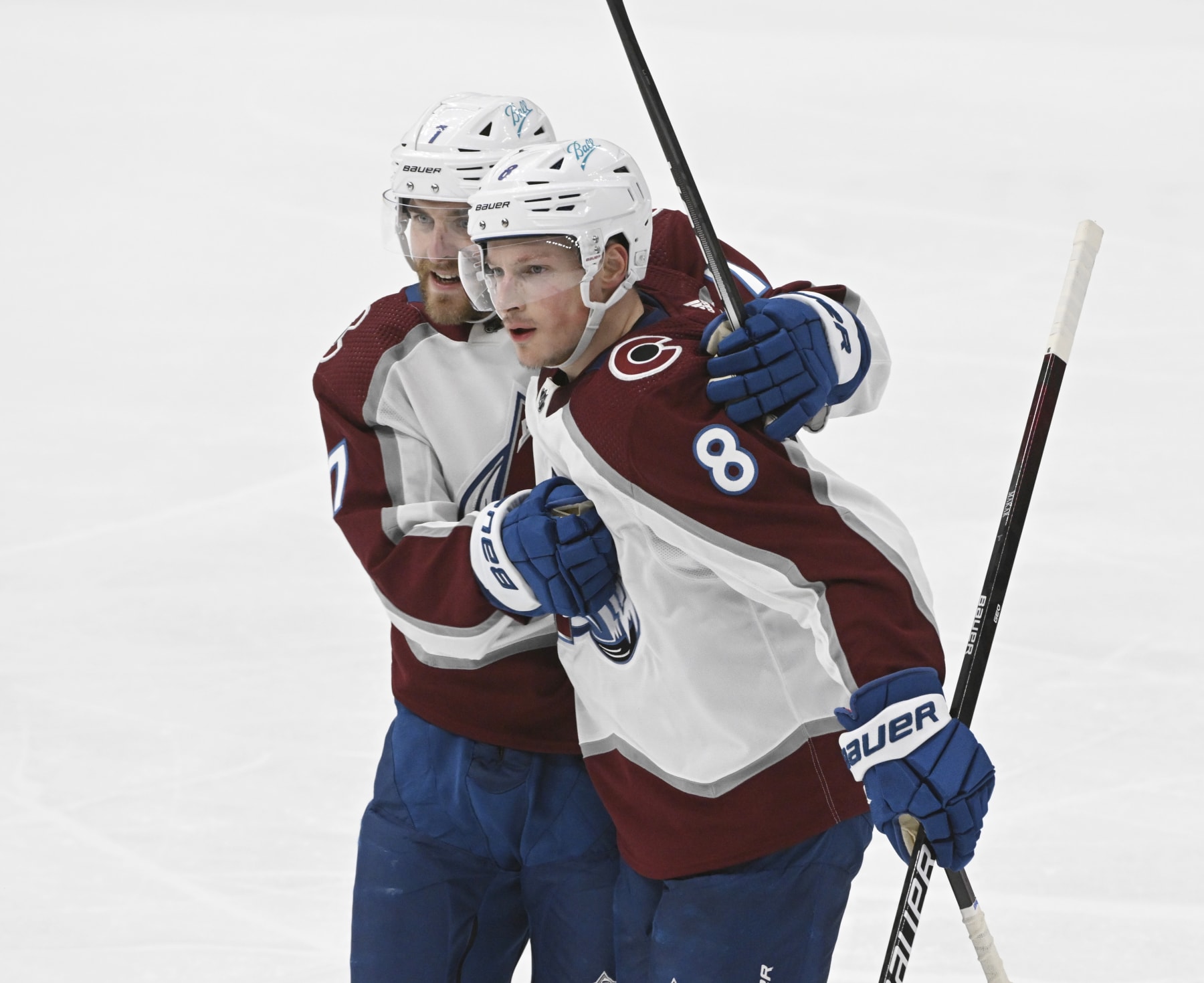 Colorado Avalanche defensemen Devon Toews (left) and Cale Makar.