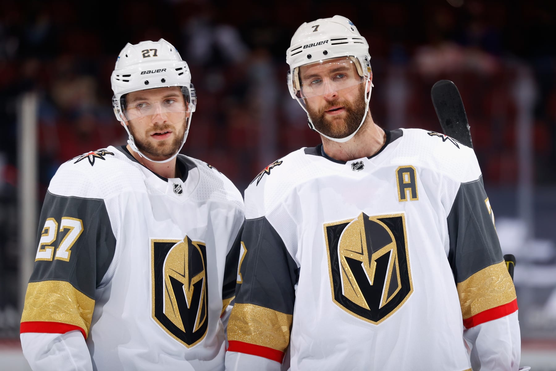 Vegas Golden Knights defensemen Shea Theodore and Alex Pietrangelo.