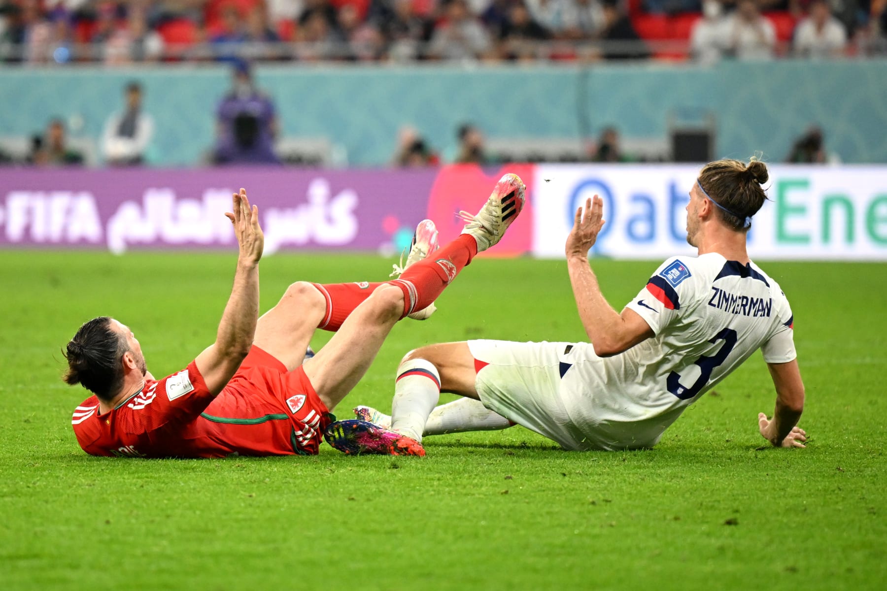 DOHA, QATAR - NOVEMBER 21: Gareth Bale of Wales is brought down in the box by Walker Zimmerman of United States during the FIFA World Cup Qatar 2022 Group B match between USA and Wales at Ahmad Bin Ali Stadium on November 21, 2022 in Doha, Qatar. (Photo by Clive Mason/Getty Images)