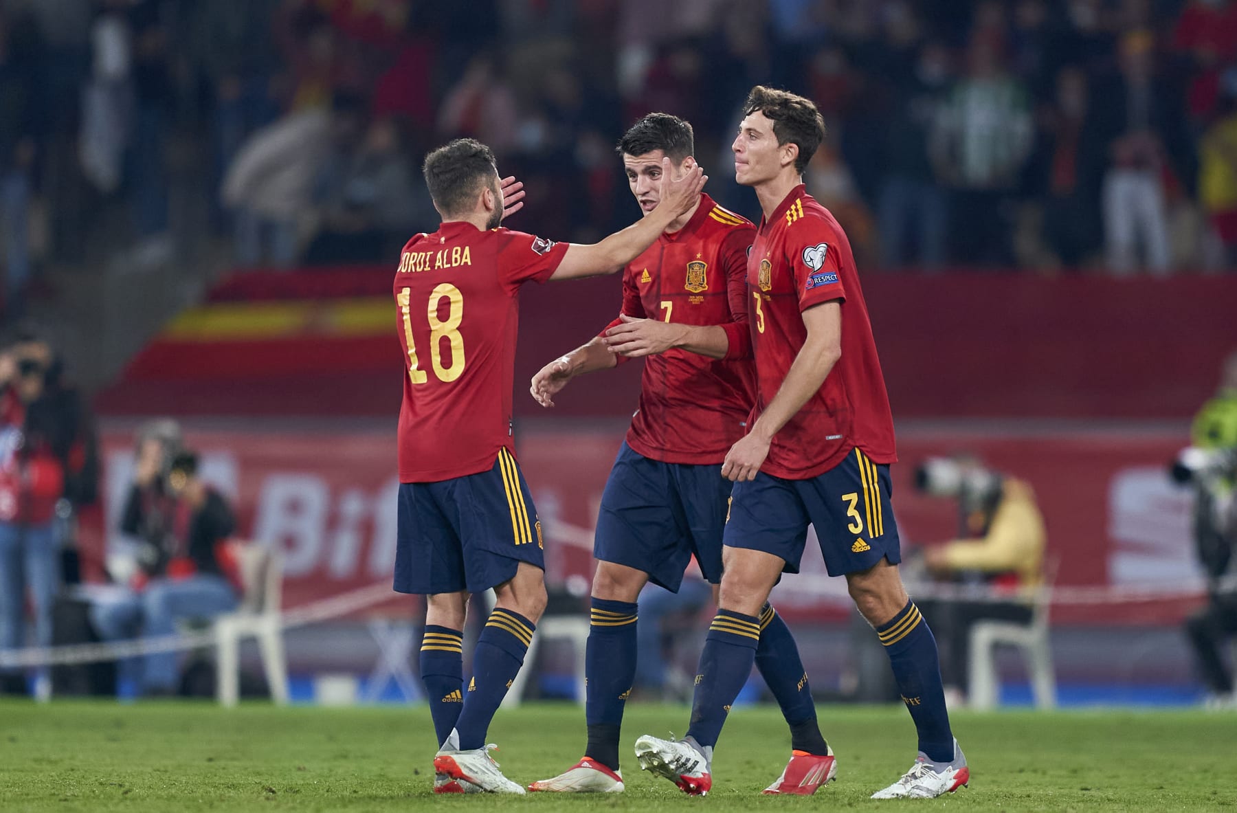 SEVILLE, SPAIN - NOVEMBER 14: Alvaro Morata of Spain celebrates with team mates after scoring his team's first goal during the 2022 FIFA World Cup Qualifier match between Spain and Sweden at Estadio de La Cartuja on November 14, 2021 in Seville. (Photo by Mateo Villalba/Quality Sport Images/Getty Images)