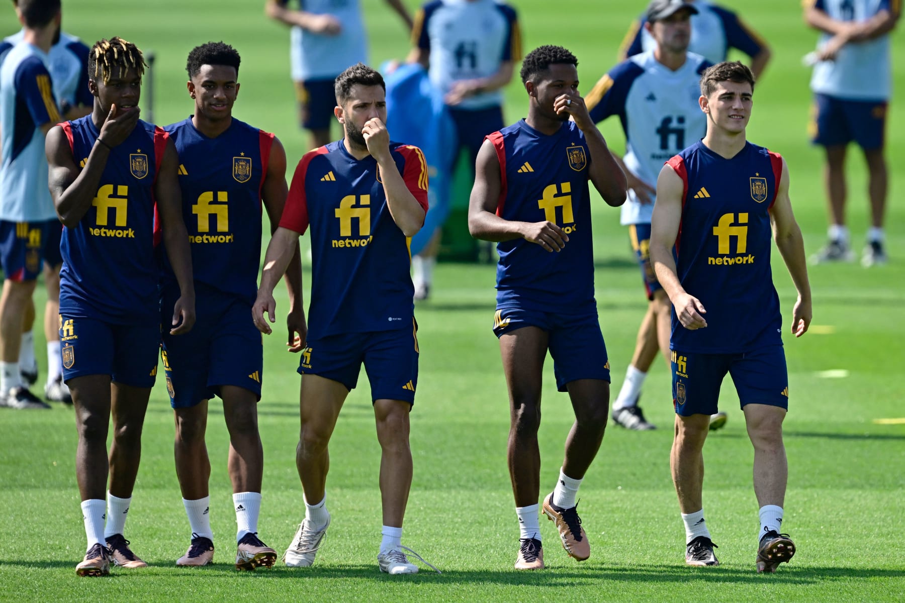 (L-R) Spain's forward Nico Williams, Spain's defender Alejandro Balde, Spain's defender Jordi Alba, Spain's forward Ansu Fati and Spain's midfielder Gavi take part in a training session at Qatar Universty in Doha on November 21, 2022, during the Qatar 2022 World Cup football tournament. (Photo by JAVIER SORIANO / AFP) (Photo by JAVIER SORIANO/AFP via Getty Images)