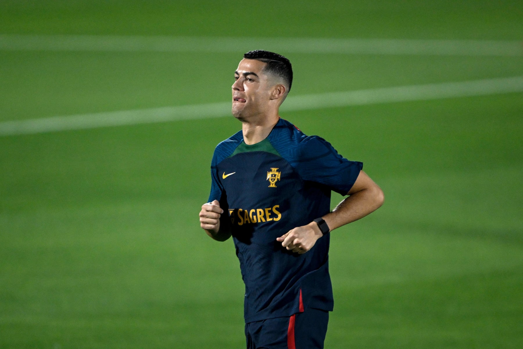 Portugal's forward Cristiano Ronaldo takes part in a training session at Shahaniya Sports Club in Al Samriya, northwest of Doha on November 19, 2022, ahead of the Qatar 2022 World Cup football tournament. (Photo by PATRICIA DE MELO MOREIRA / AFP) (Photo by PATRICIA DE MELO MOREIRA/AFP via Getty Images)