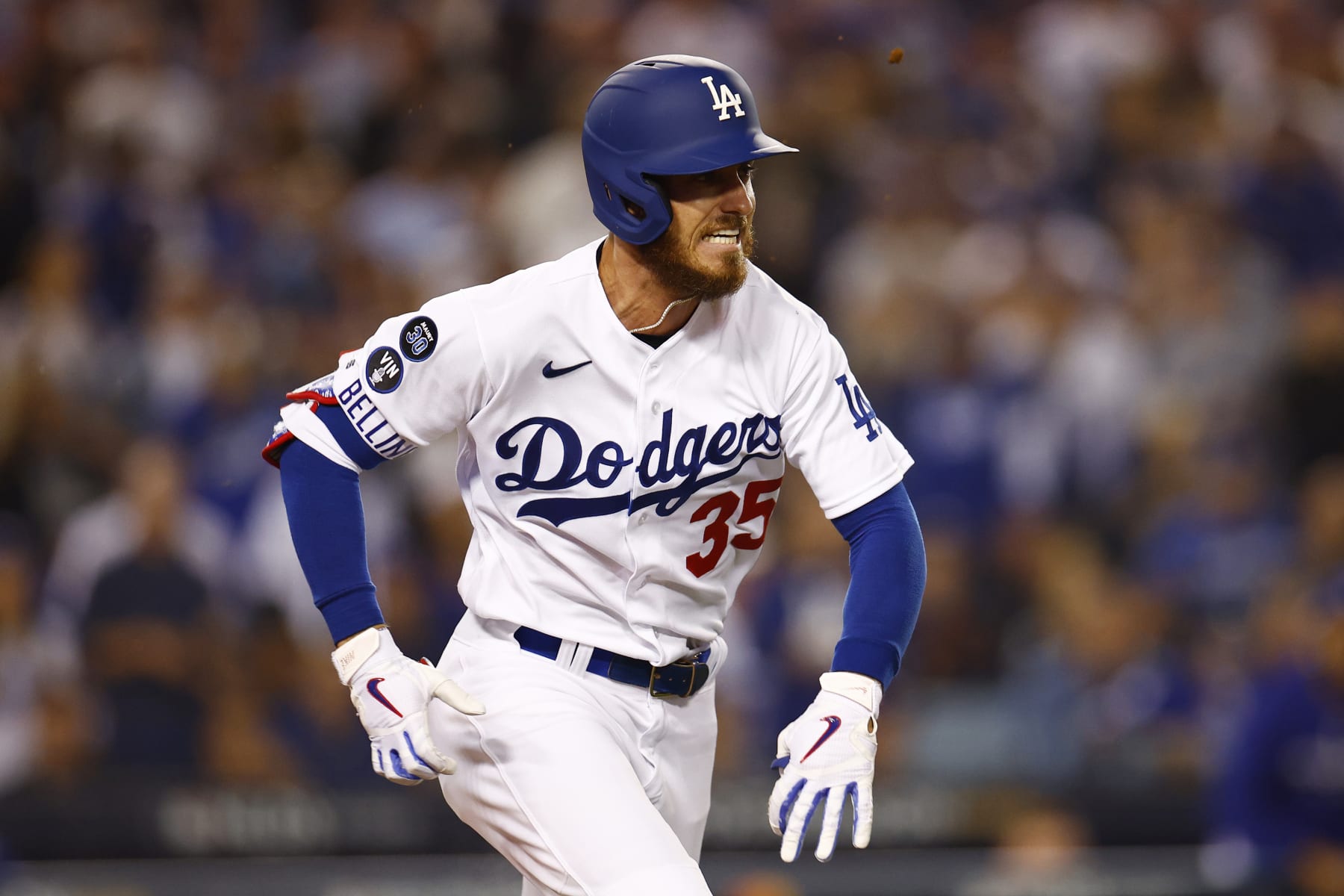 Cody Bellinger of the Los Angeles Dodgers stands on the field