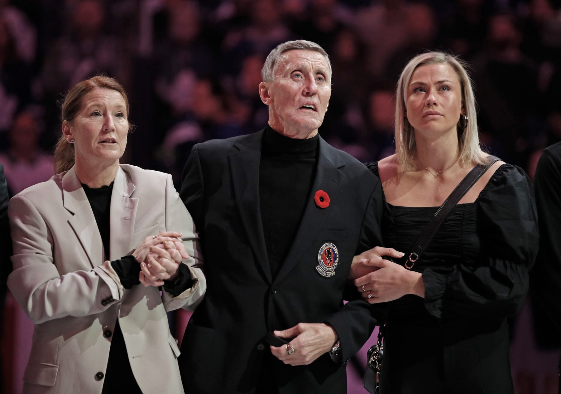 TORONTO, CANADA - NOVEMBER 12: Former Toronto Maple Leaf Borje Salming is honored during a pregame ceremony prior to the game between the Toronto Maple Leafs at the Scotiabank Arena on November 11, 2022 in Toronto, Ontario, Canada. Salming, joined with his wife Pia (L) and daughter Bianca (R),  was diagnosed with ALS earlier this year. at the Scotiabank Arena on November 12, 2022 in Toronto, Ontario, Canada. (Photo by Bruce Bennett/Getty Images)