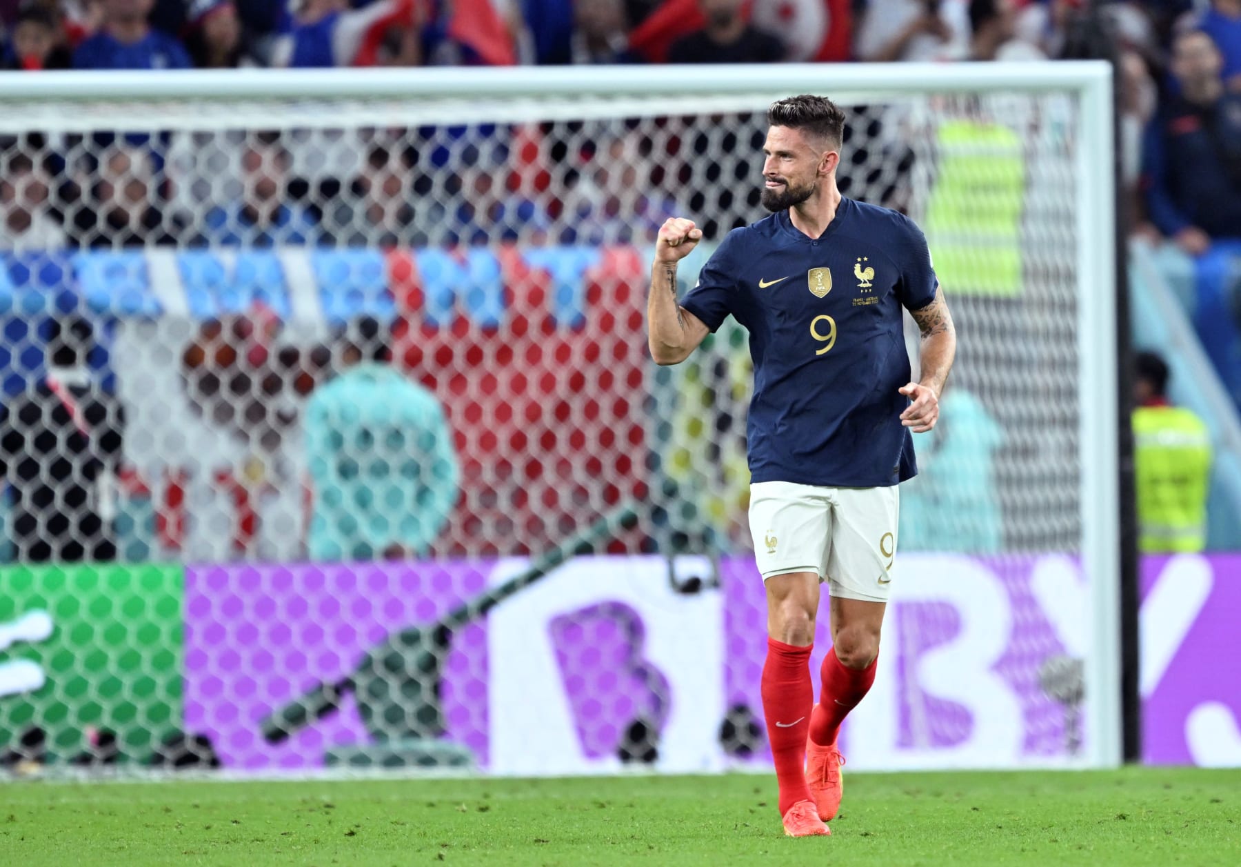 Olivier Giroud of France reacts during the Group D match between France and Australia of the 2022 FIFA World Cup at Al Janoub Stadium in Al Wakrah, Qatar, Nov. 22, 2022. (Photo by Xiao Yijiu/Xinhua via Getty Images)