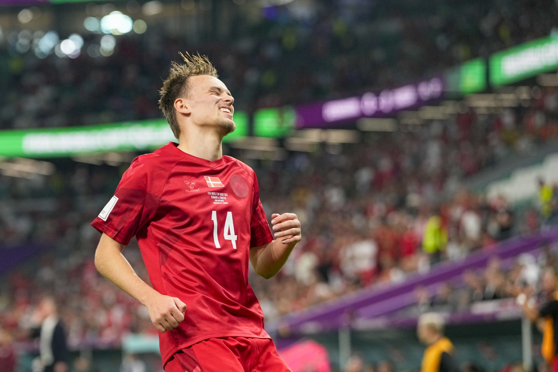 AL RAYYAN, QATAR - NOVEMBER 22: Mikkel Damsgaard of Denmark looks dejected during the FIFA World Cup Qatar 2022 Group D match between Denmark and Tunisia at Education City Stadium on November 22, 2022 in Al Rayyan, Qatar. (Photo by Ulrik Pedersen/DeFodi Images via Getty Images)