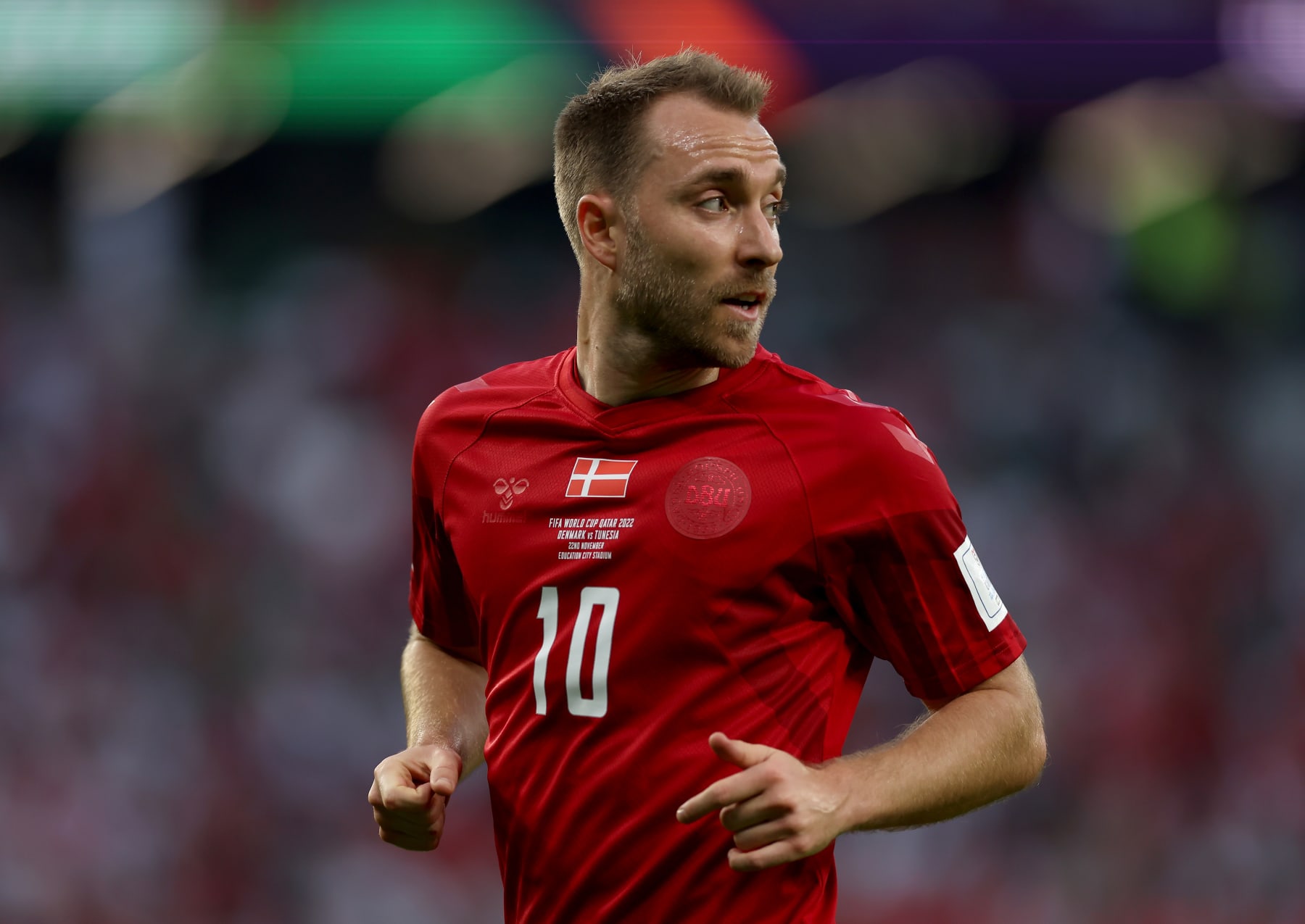 AL RAYYAN, QATAR - NOVEMBER 22: Christian Eriksen of Denmark looks on during the FIFA World Cup Qatar 2022 Group D match between Denmark and Tunisia at Education City Stadium on November 22, 2022 in Al Rayyan, Qatar. (Photo by Lars Baron/Getty Images)