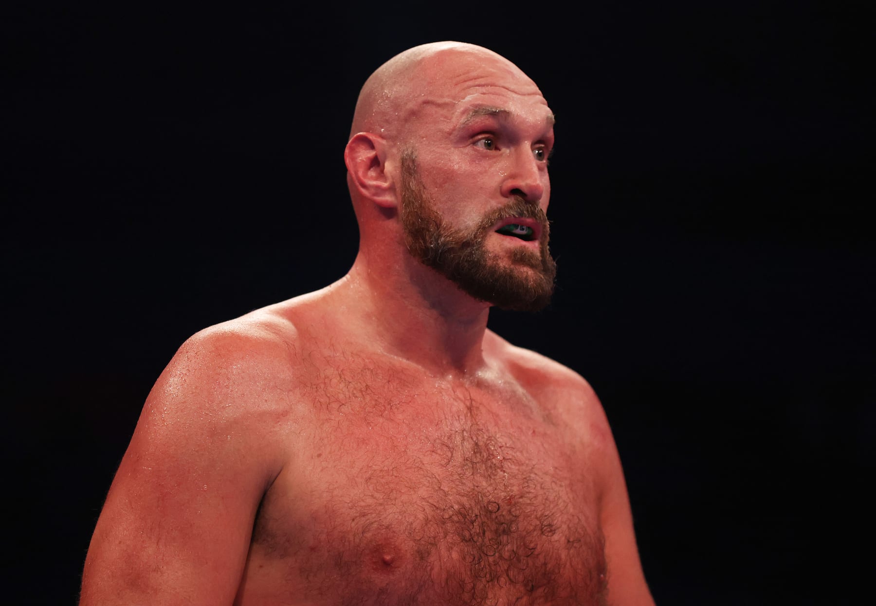 LONDON, ENGLAND - APRIL 23: Tyson Fury looks on during the WBC World Heavyweight Title Fight between Tyson Fury and Dillian Whyte at Wembley Stadium on April 23, 2022 in London, England. (Photo by Julian Finney/Getty Images)