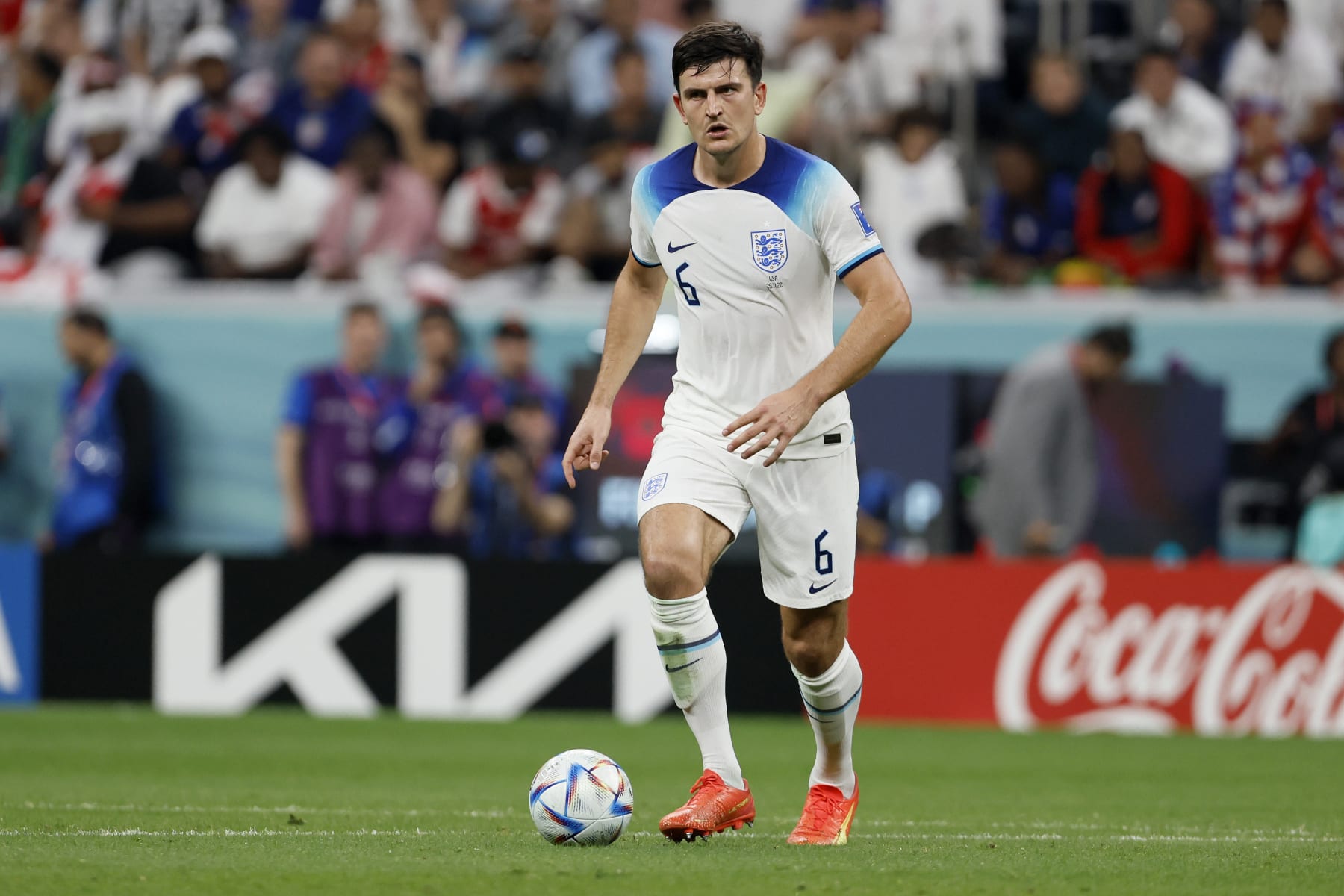 AL KHOR, QATAR - NOVEMBER 25: Harry McGuire of England on the ball during the FIFA World Cup Qatar 2022 Group B match between England and USA at Al Bayt Stadium on November 25, 2022 in Al Khor, Qatar. (Photo by Richard Sellers/Getty Images)