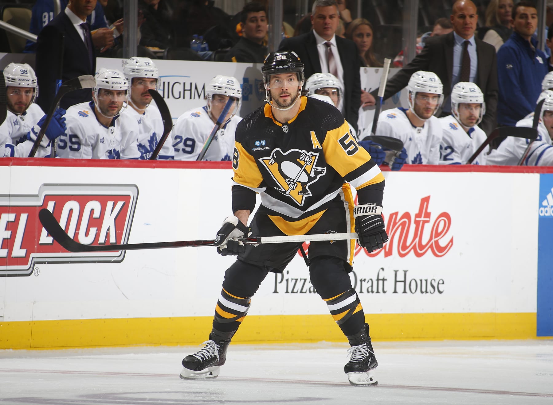 PITTSBURGH, PA - NOVEMBER 26:  Kris Letang #58 of the Pittsburgh Penguins in action against the Toronto Maple Leafs during the game at PPG PAINTS Arena on November 26, 2022 in Pittsburgh, Pennsylvania. (Photo by Justin K. Aller/NHLI via Getty Images)