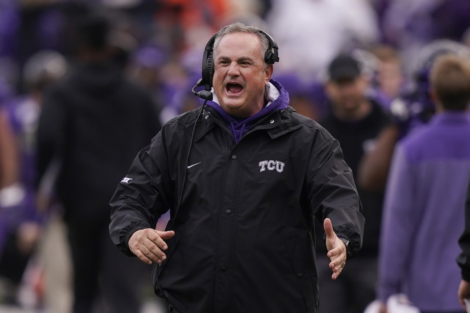 TCU head coach Sonny Dykes cheers after his team scored during the first half of an NCAA college football game against Iowa State in Fort Worth, Texas, Saturday, Nov. 26, 2022. (AP Photo/LM Otero)