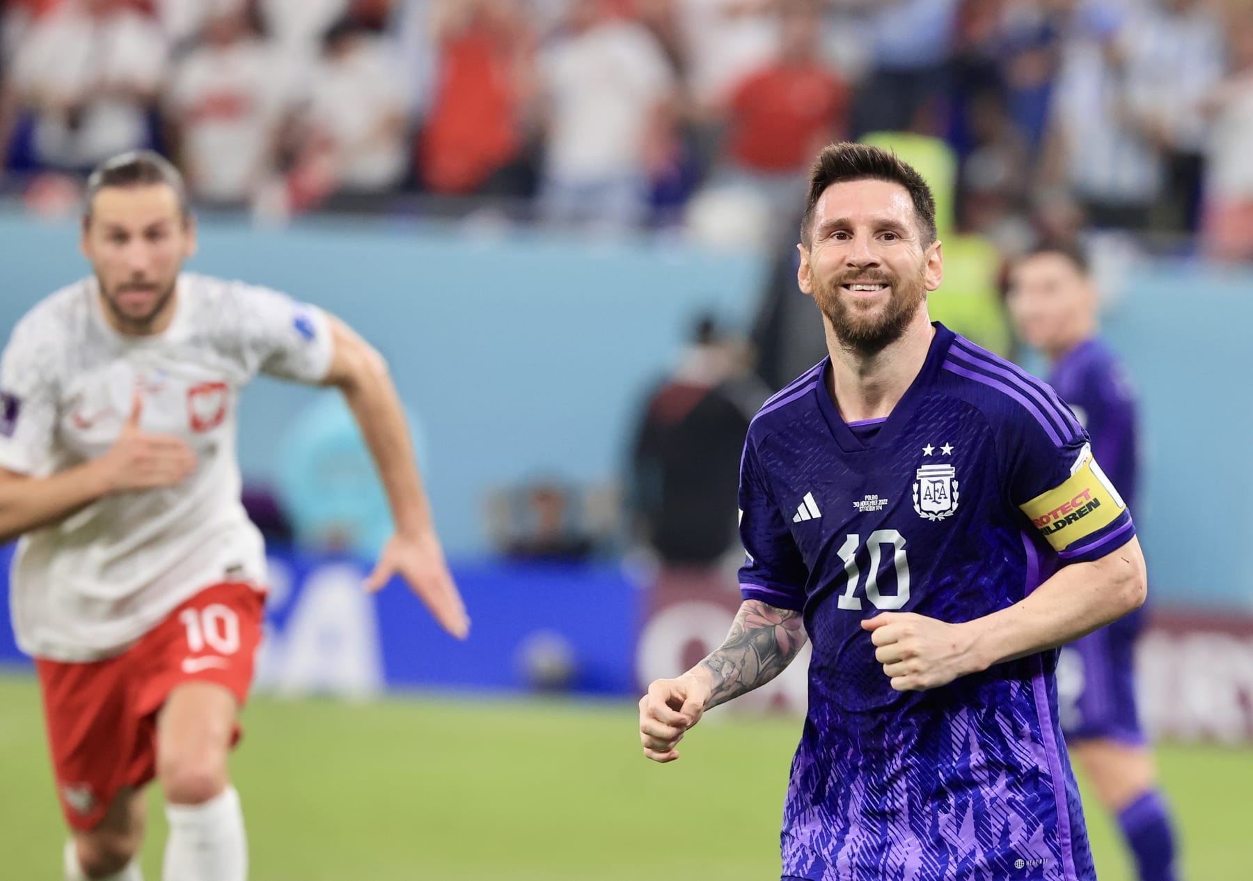 DOHA, QATAR - NOVEMBER 30: Lionel Messi (10) of Argentina in action during the FIFA World Cup Qatar 2022 Group C match between Poland and Argentina at Stadium 974 on November 30, 2022 in Doha, Qatar. (Photo by Mohammed Dabbous/Anadolu Agency via Getty Images)