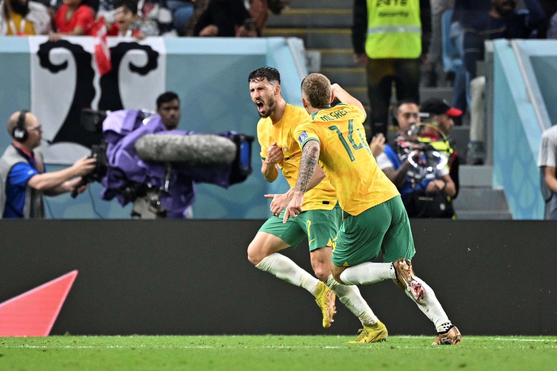 Mathew Leckie L of Australia celebrates a goal during the Group D match between Australia and Denmark at the 2022 FIFA World Cup at Al Janoub Stadium in Al Wakrah, Qatar, Nov. 30, 2022. (Photo by Xin Yuewei/Xinhua via Getty Images)