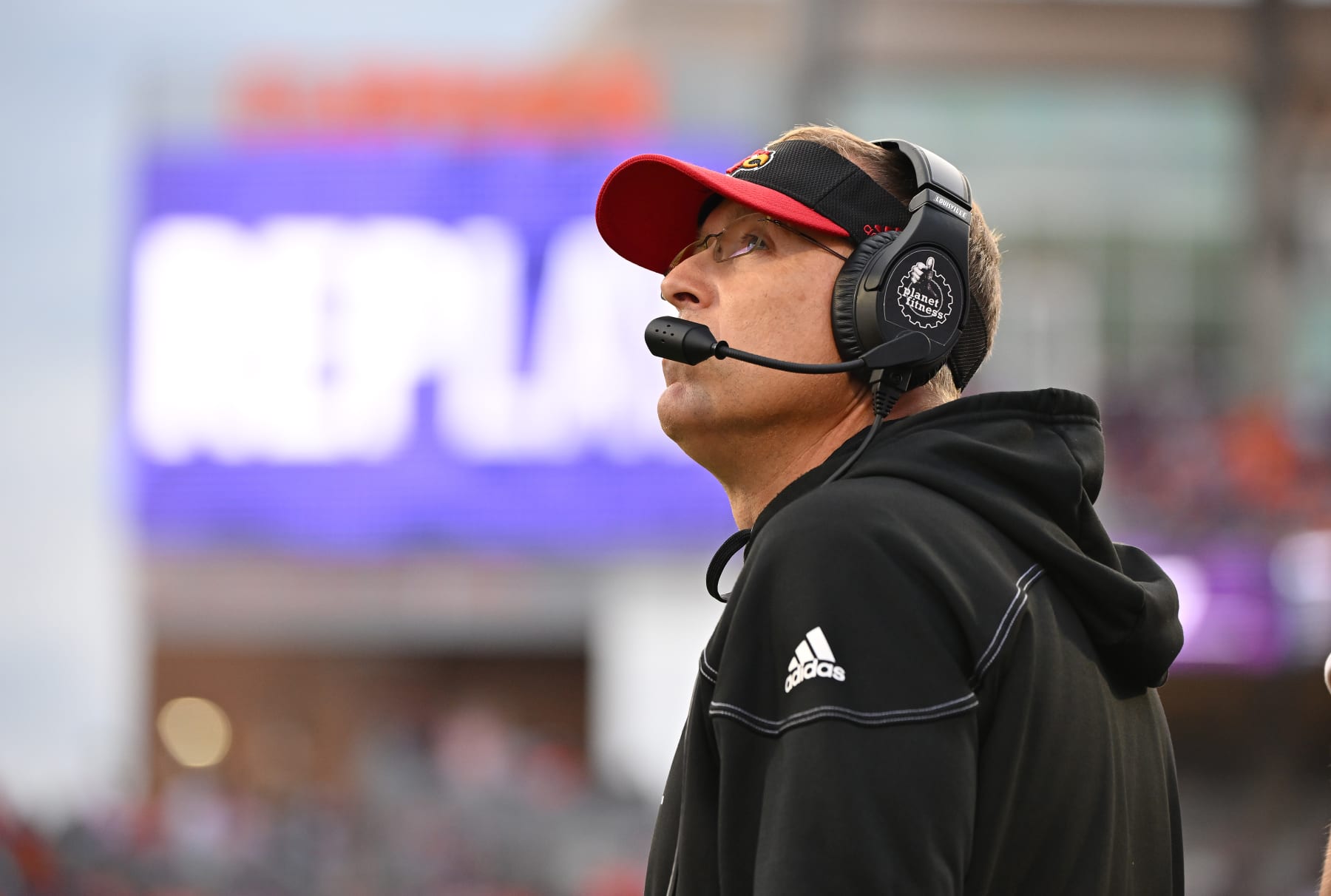 CLEMSON, SOUTH CAROLINA - NOVEMBER 12: Head coach Scott Satterfield of the Louisville Cardinals watches his team play against the Clemson Tigers during their game at Memorial Stadium on November 12, 2022 in Clemson, South Carolina. The Tigers won 31-16. (Photo by Grant Halverson/Getty Images)