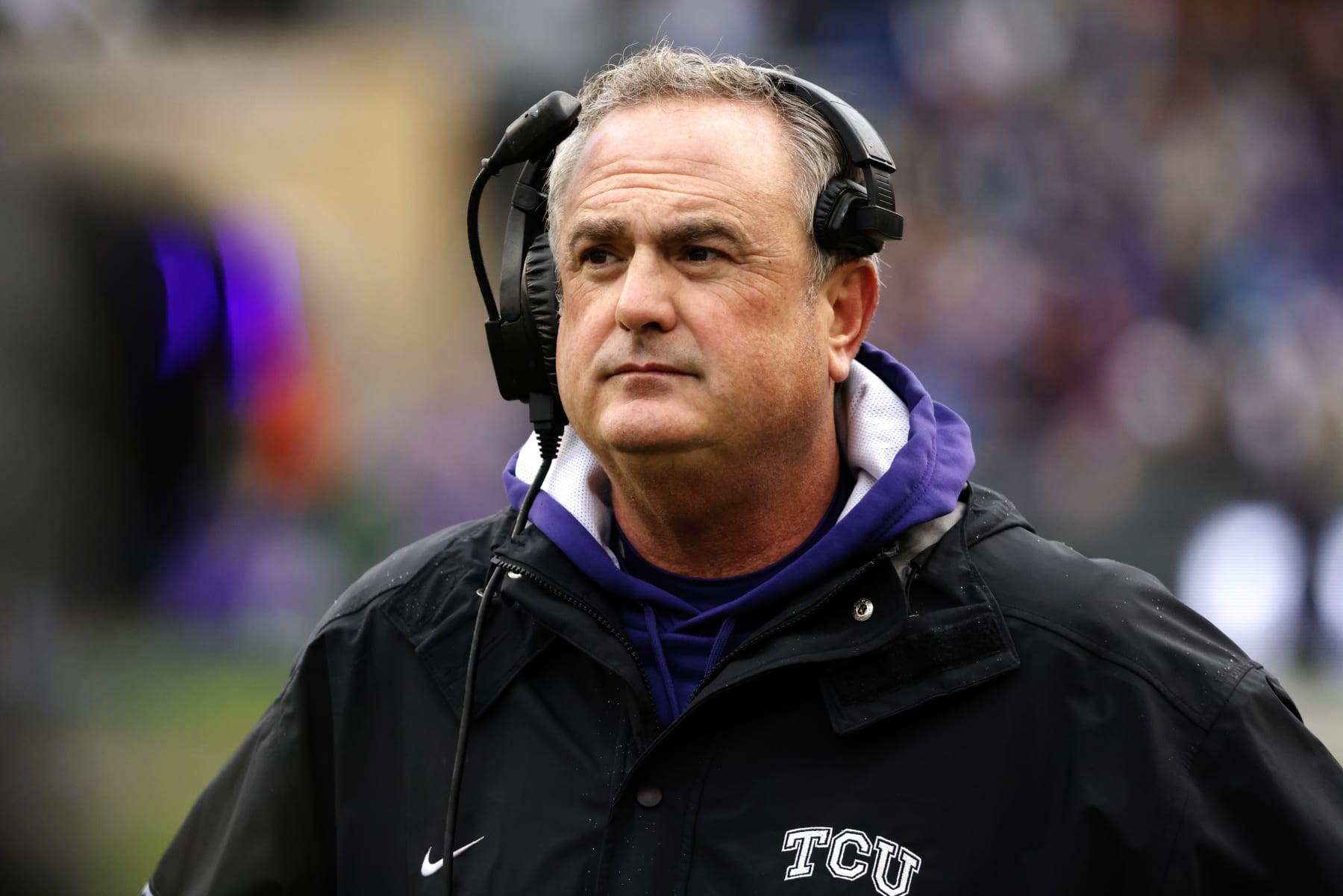 FORT WORTH, TX - NOVEMBER 26: Head coach Sonny Dykes of the TCU Horned Frogs watches from the sidelines as TCU takes on the Iowa State Cyclones during the first half at Amon G. Carter Stadium on November 26, 2022 in Fort Worth, Texas. (Photo by Ron Jenkins/Getty Images)